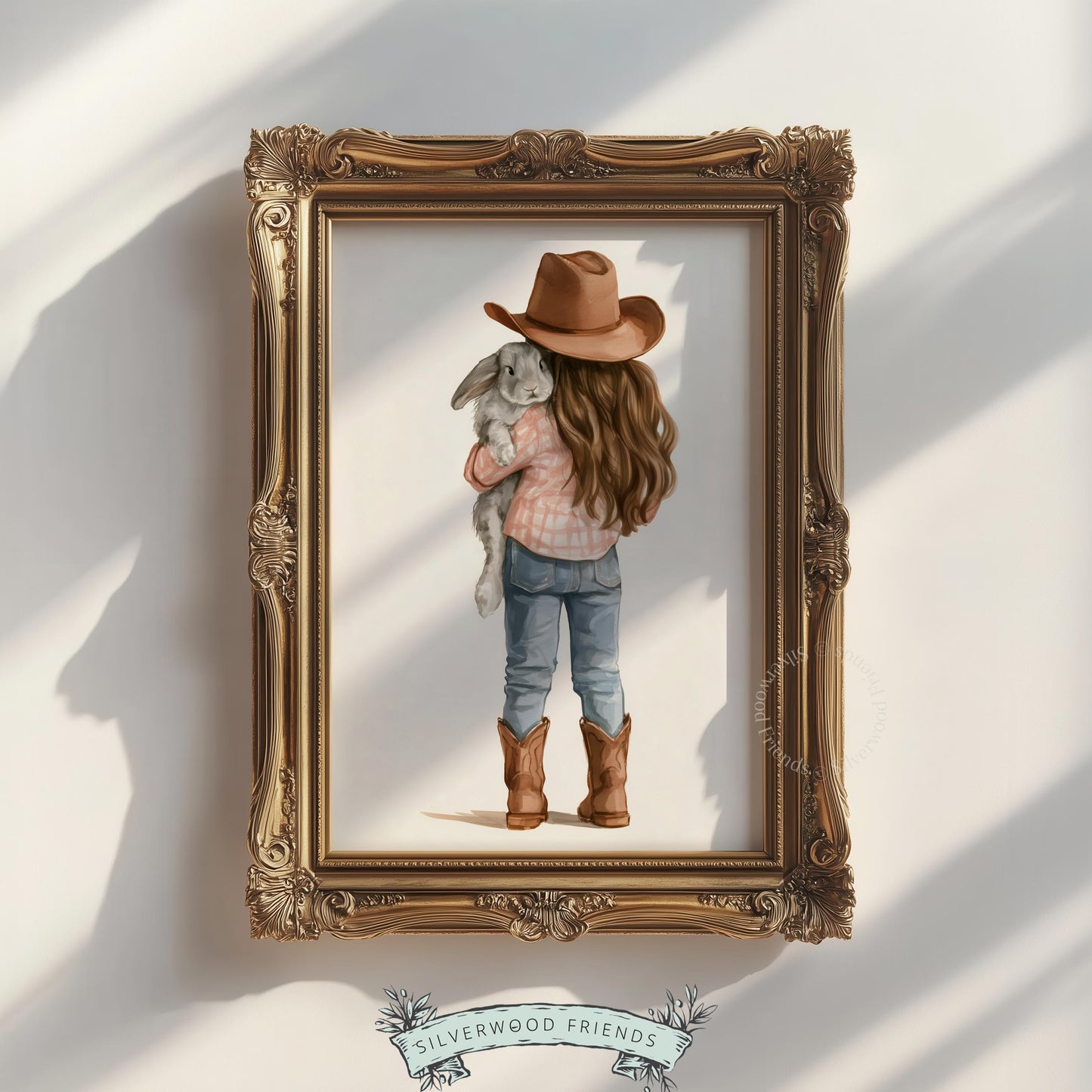 Child holding fluffy bunny poster for playroom — soft watercolor with farmhouse western style