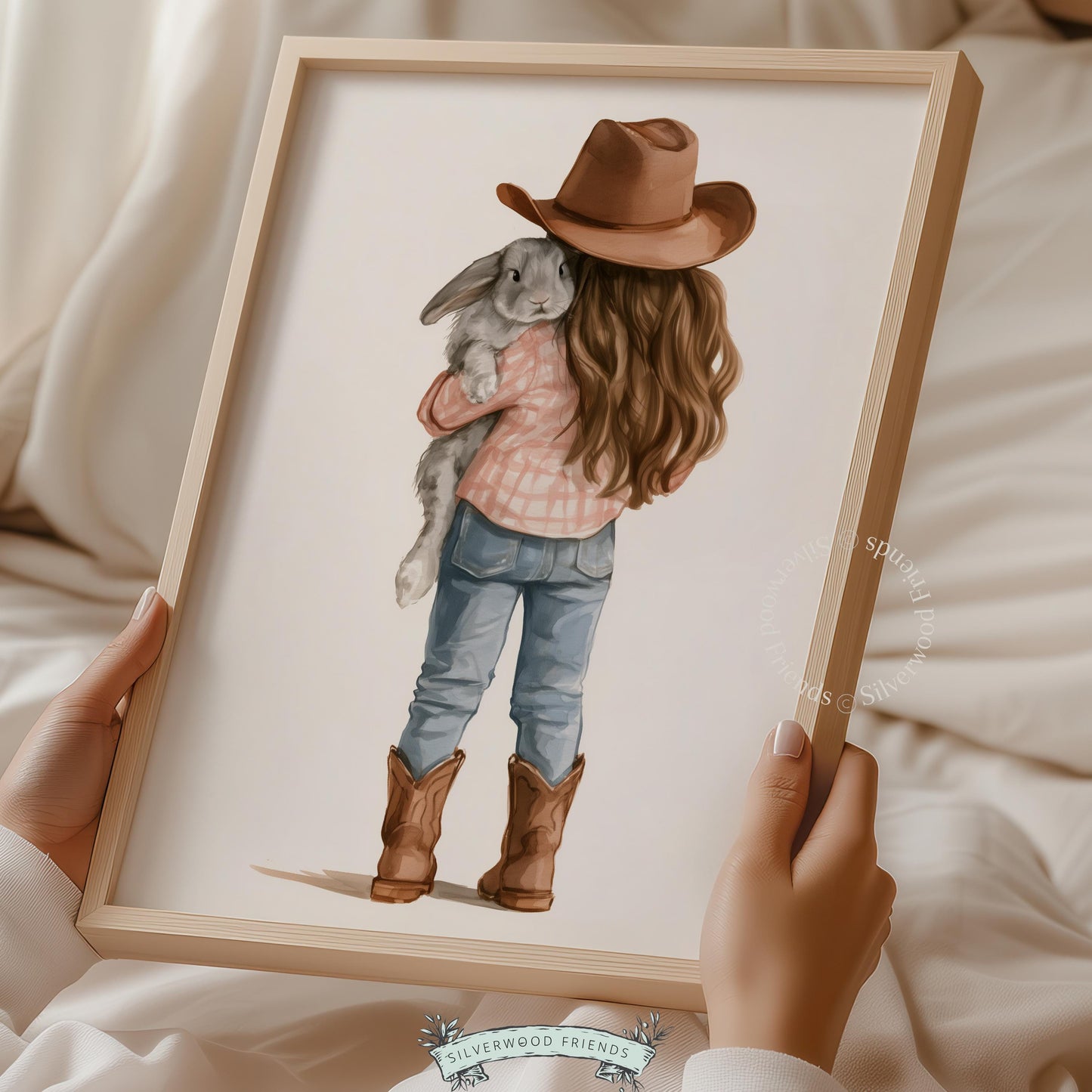 Cowgirl bunny hug picture for nursery wall — warm watercolor farmhouse art with storybook charm