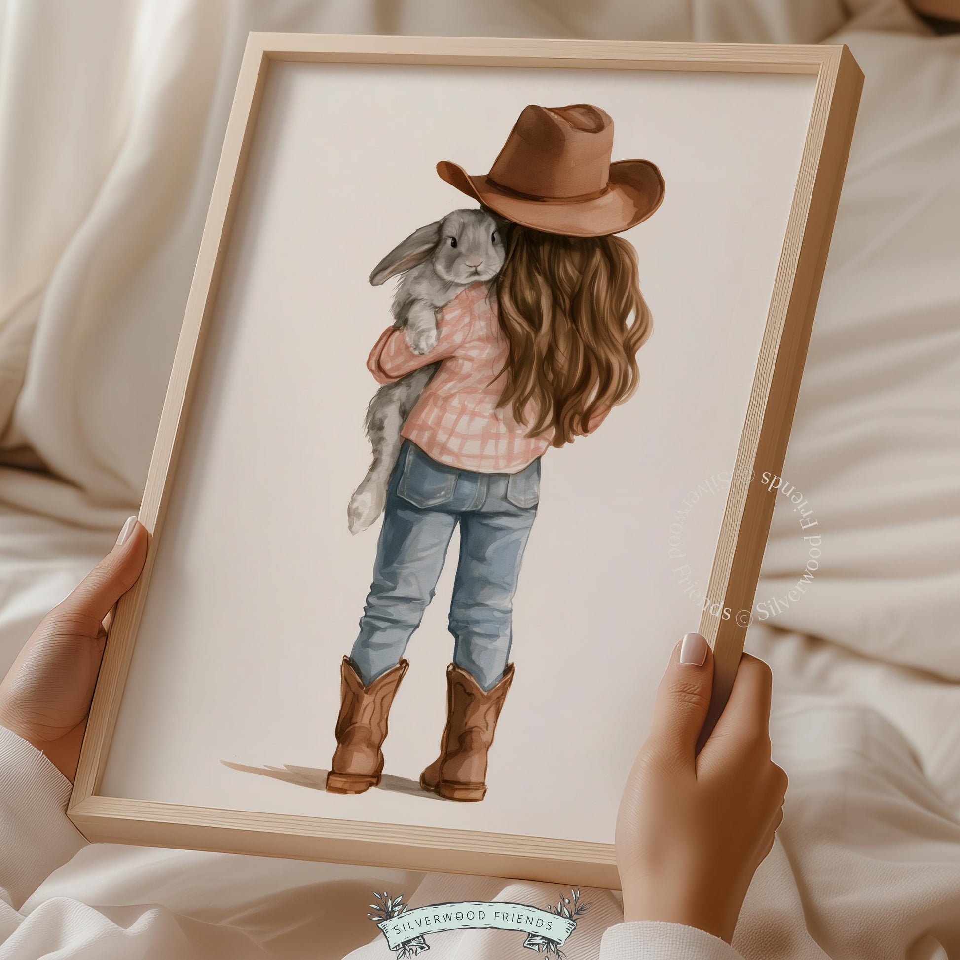 Cowgirl bunny hug picture for nursery wall — warm watercolor farmhouse art with storybook charm