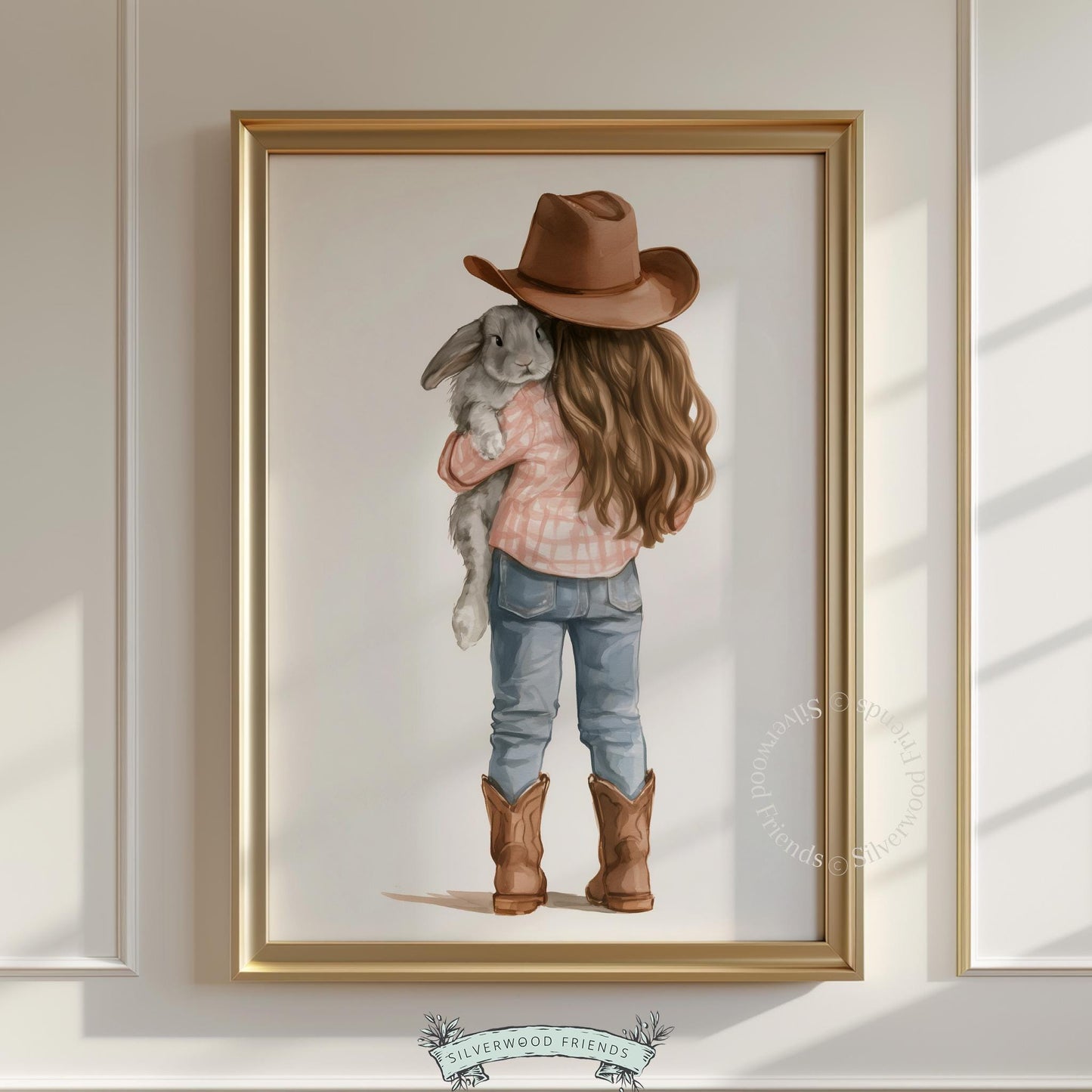 Girl with long hair embracing rabbit digital art for baby room — dreamy, delicate countryside aesthetic