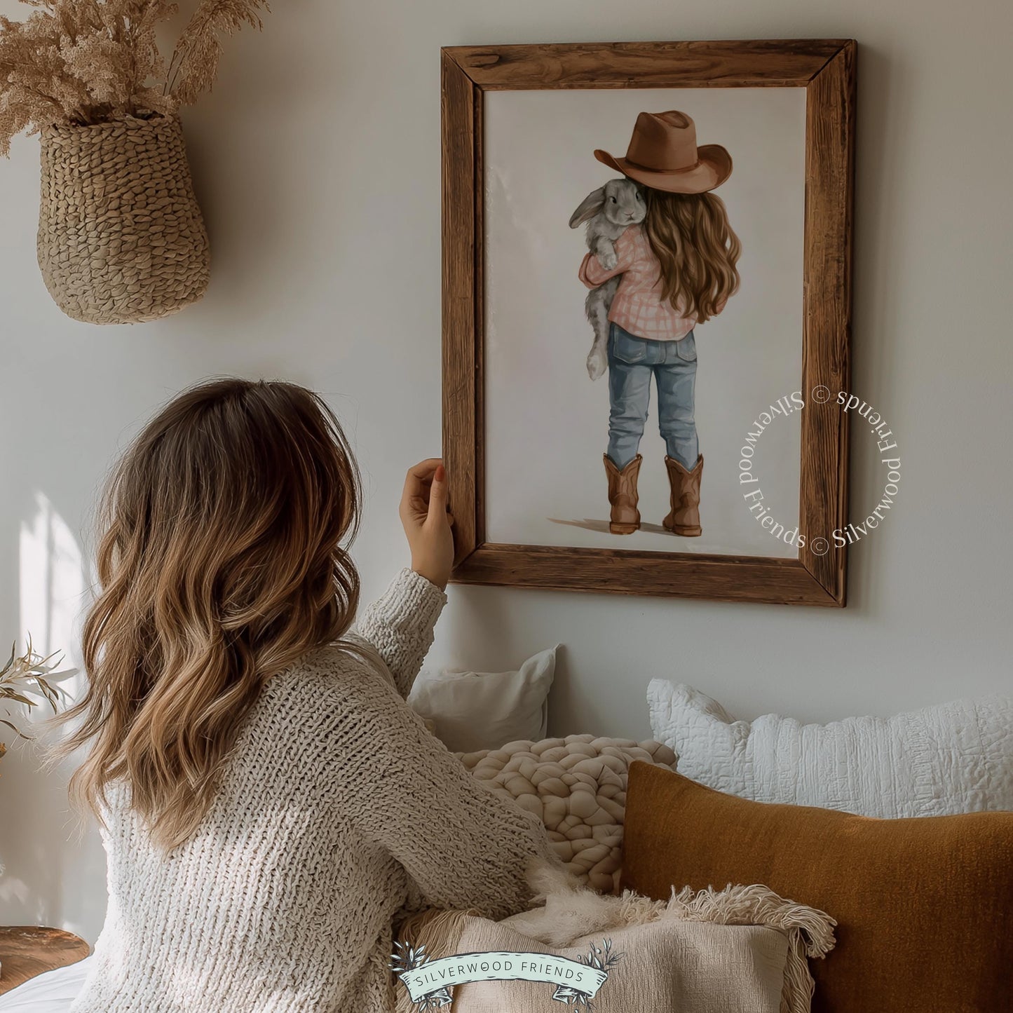 Cowgirl embracing bunny digital wall art for kids room — whimsical watercolor scene with gentle pastoral mood