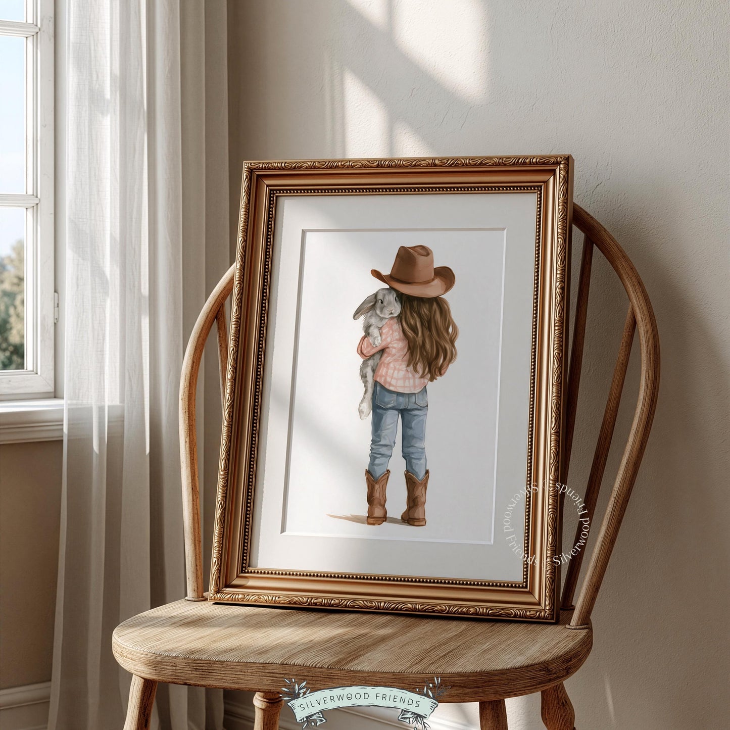Girl and bunny instant download printable for kids bedroom — gentle watercolor illustration with rustic appeal