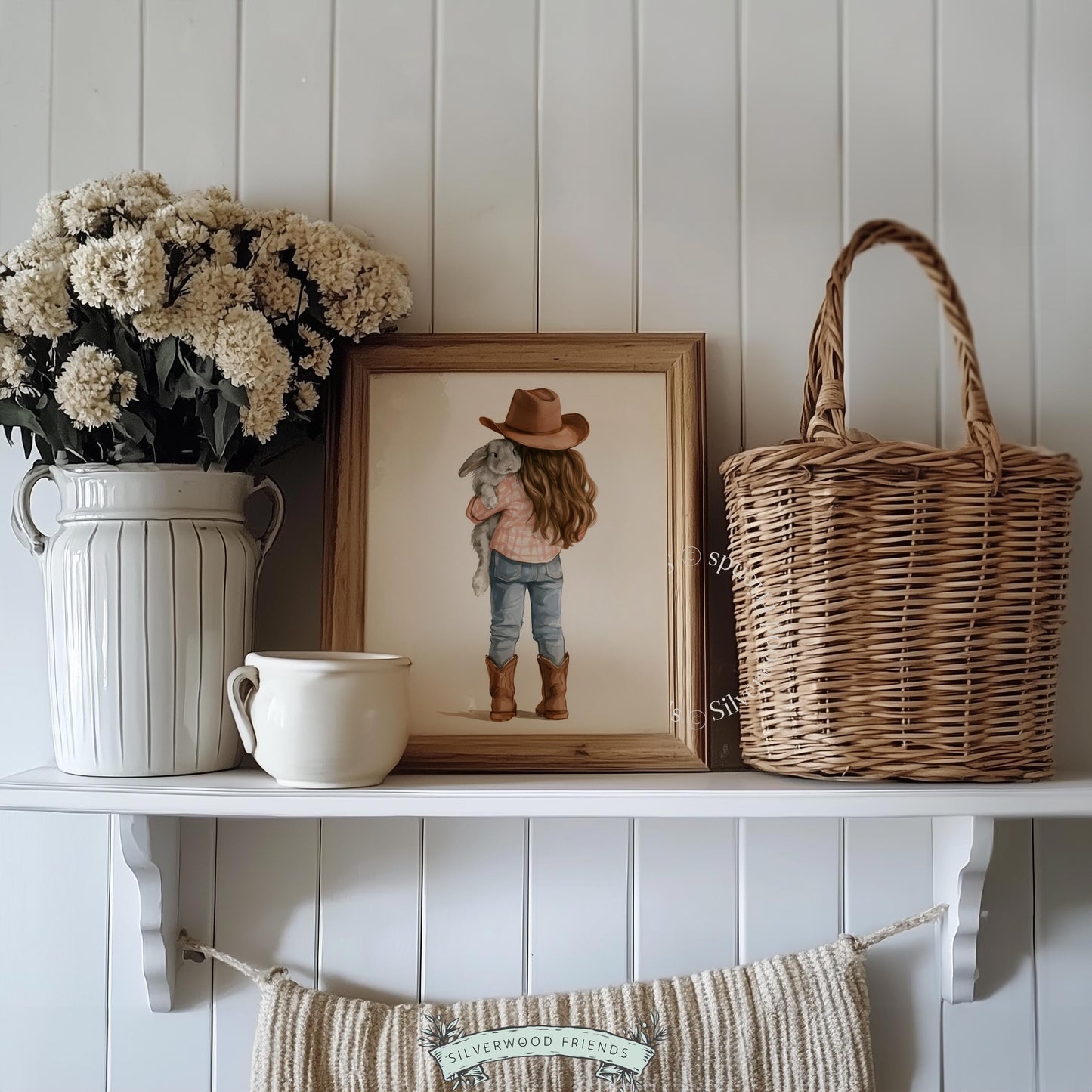 Child embracing gray bunny wall art for toddler bedroom — delicate watercolor farmhouse aesthetic