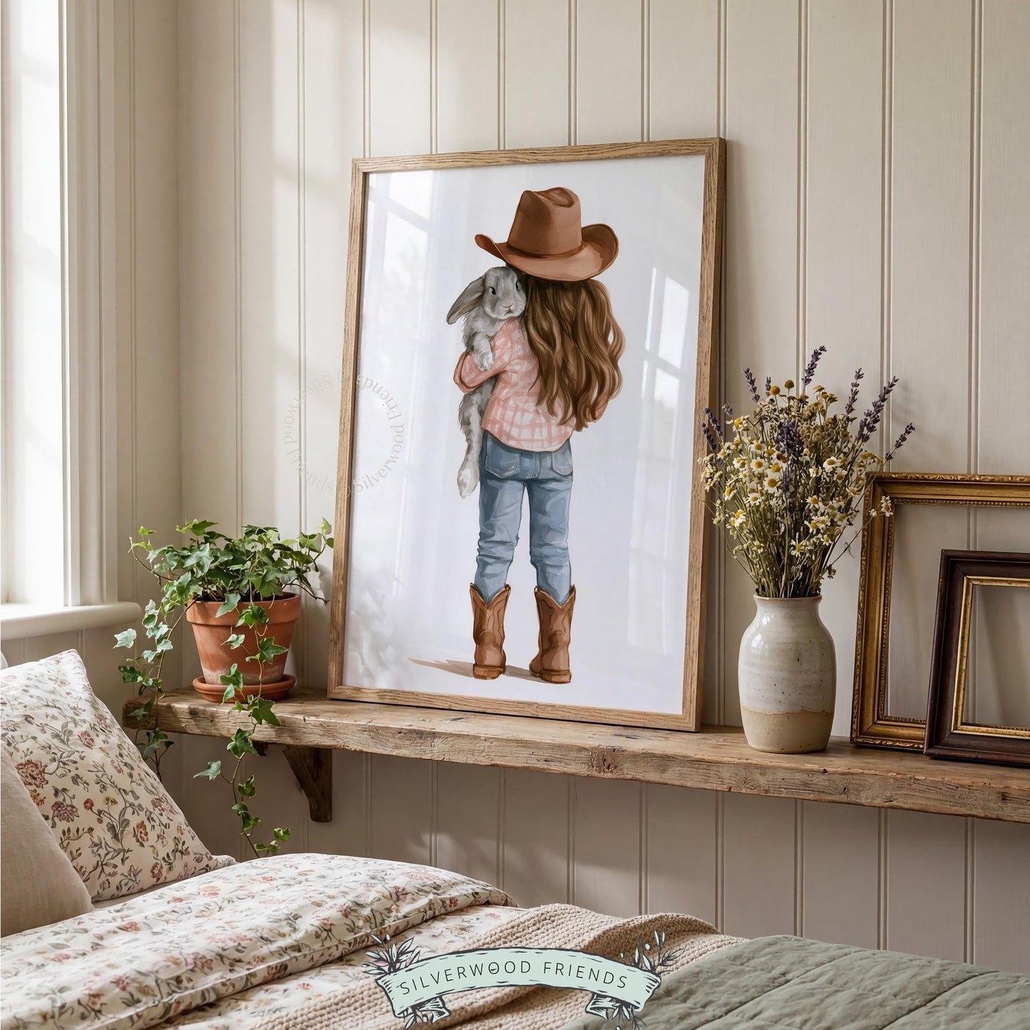 Young child cuddling gray rabbit wall art for toddler room — soft pastoral scene in muted farmhouse tones