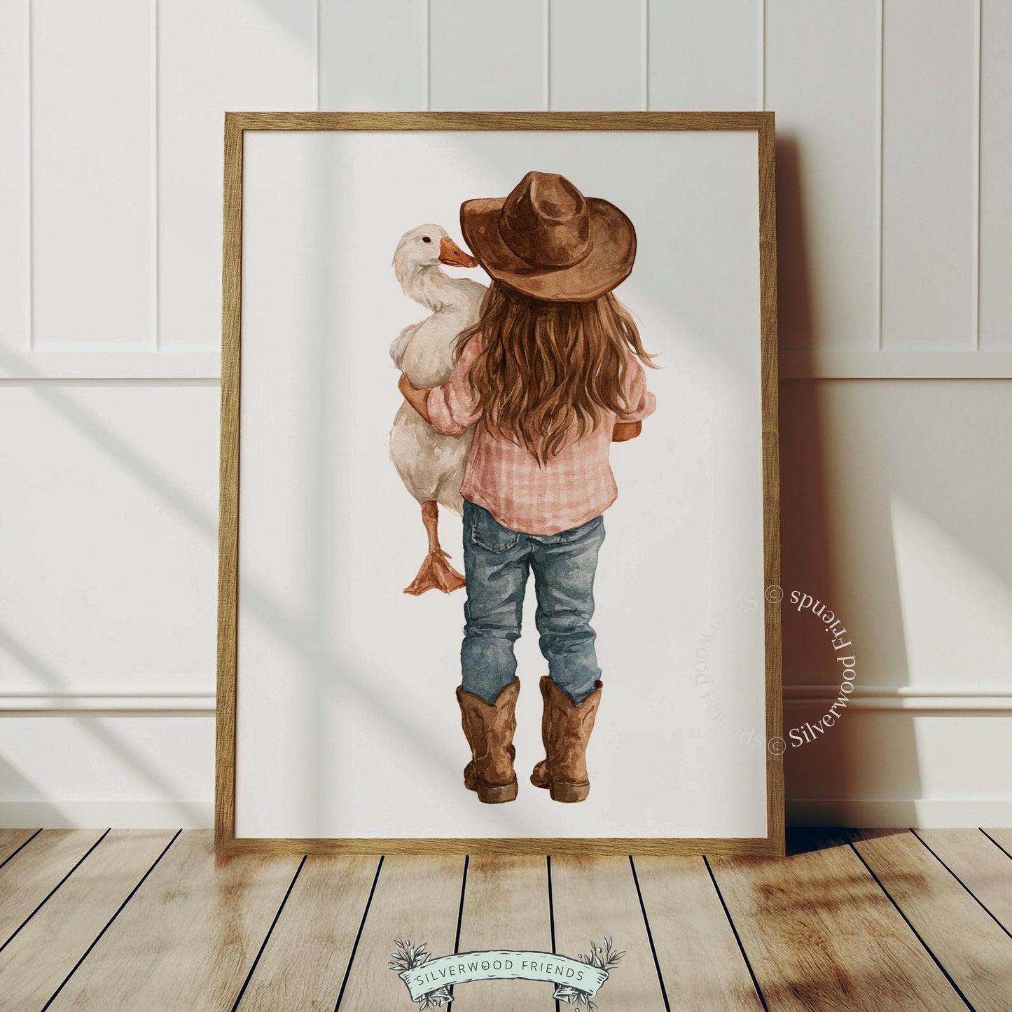Child and white waterfowl instant download art for playroom — charming watercolor with cozy farmstead vibes