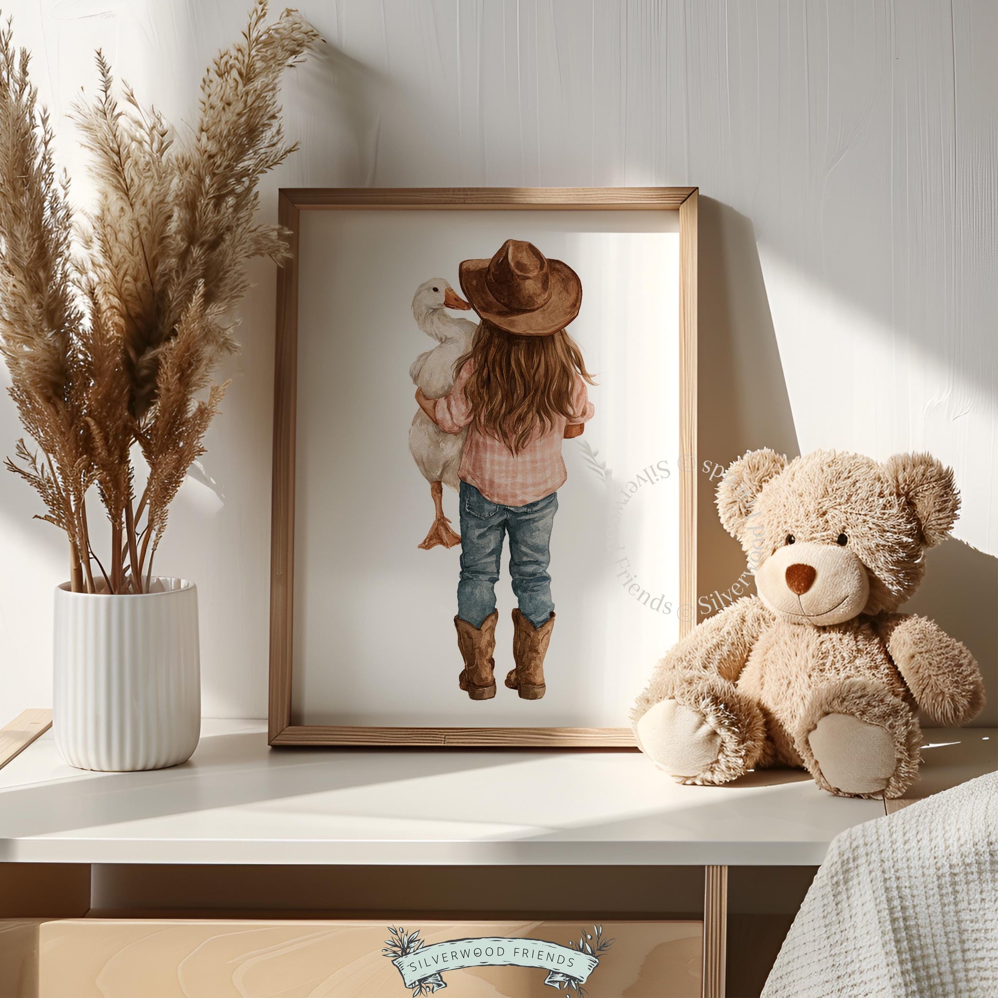Cowboy hat child holding fowl printable wall art for toddler room — whimsical country-inspired watercolor portrait
