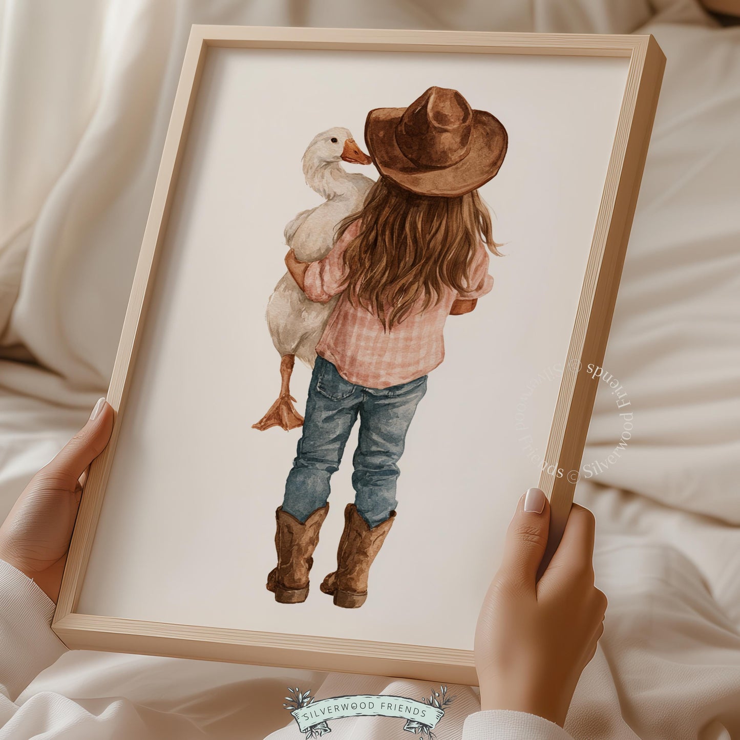 Little rancher with duck picture for nursery — tender farmhouse scene with soft colors and rustic warmth