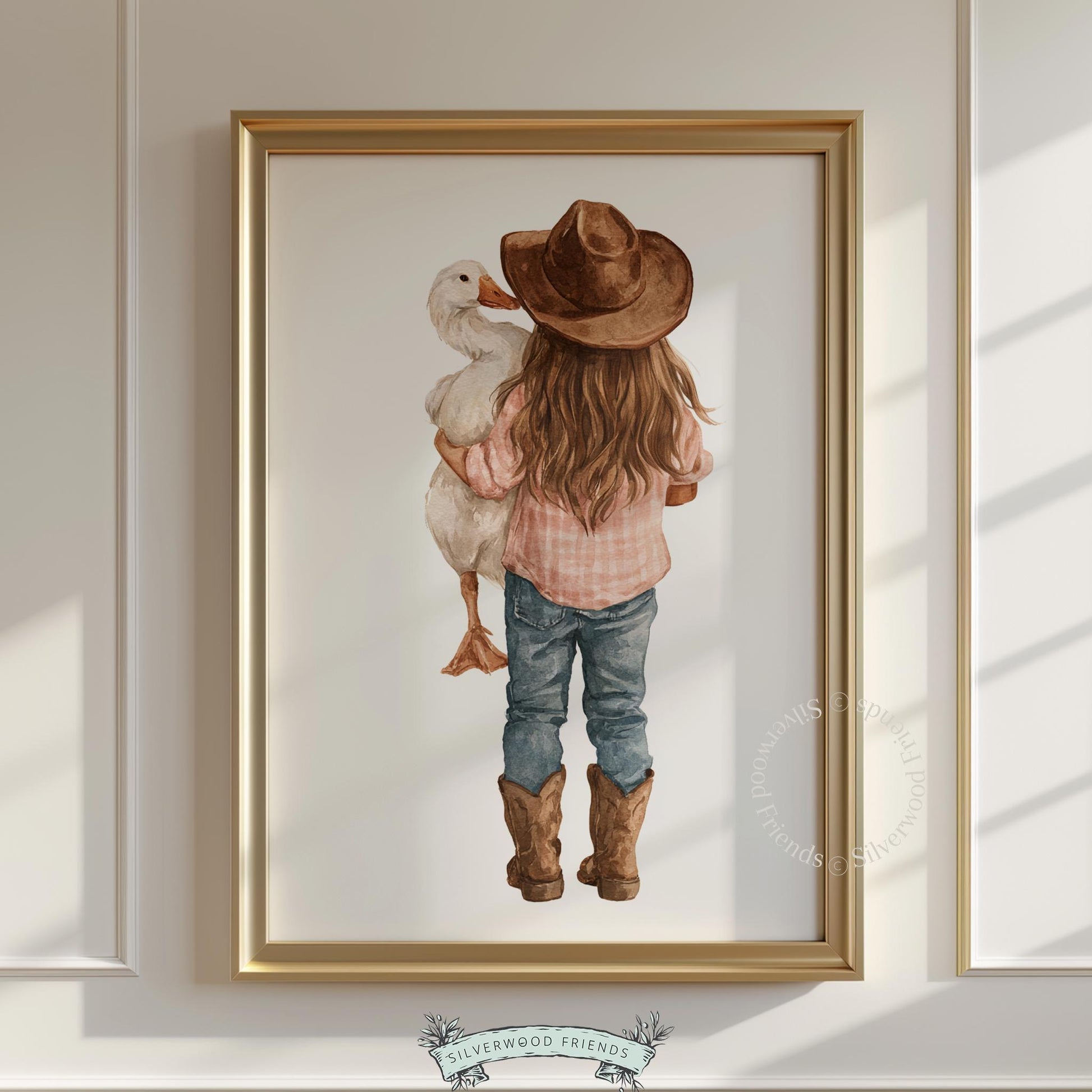 Girl holding duck poster for western baby room — soft-hued pastoral artwork celebrating rural childhood moments