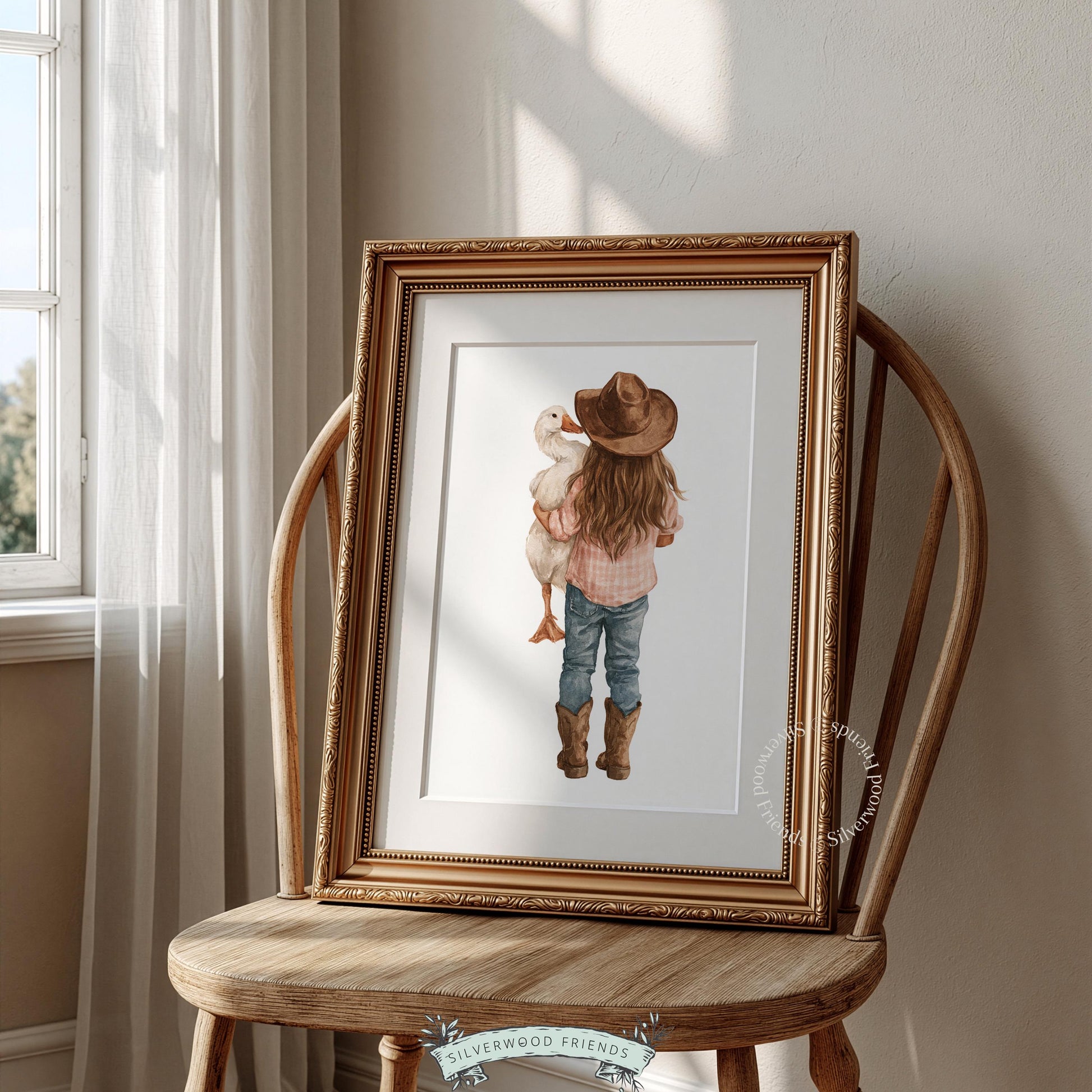 Young girl farm animal companion digital artwork for baby room — delicate watercolor capturing pastoral innocence
