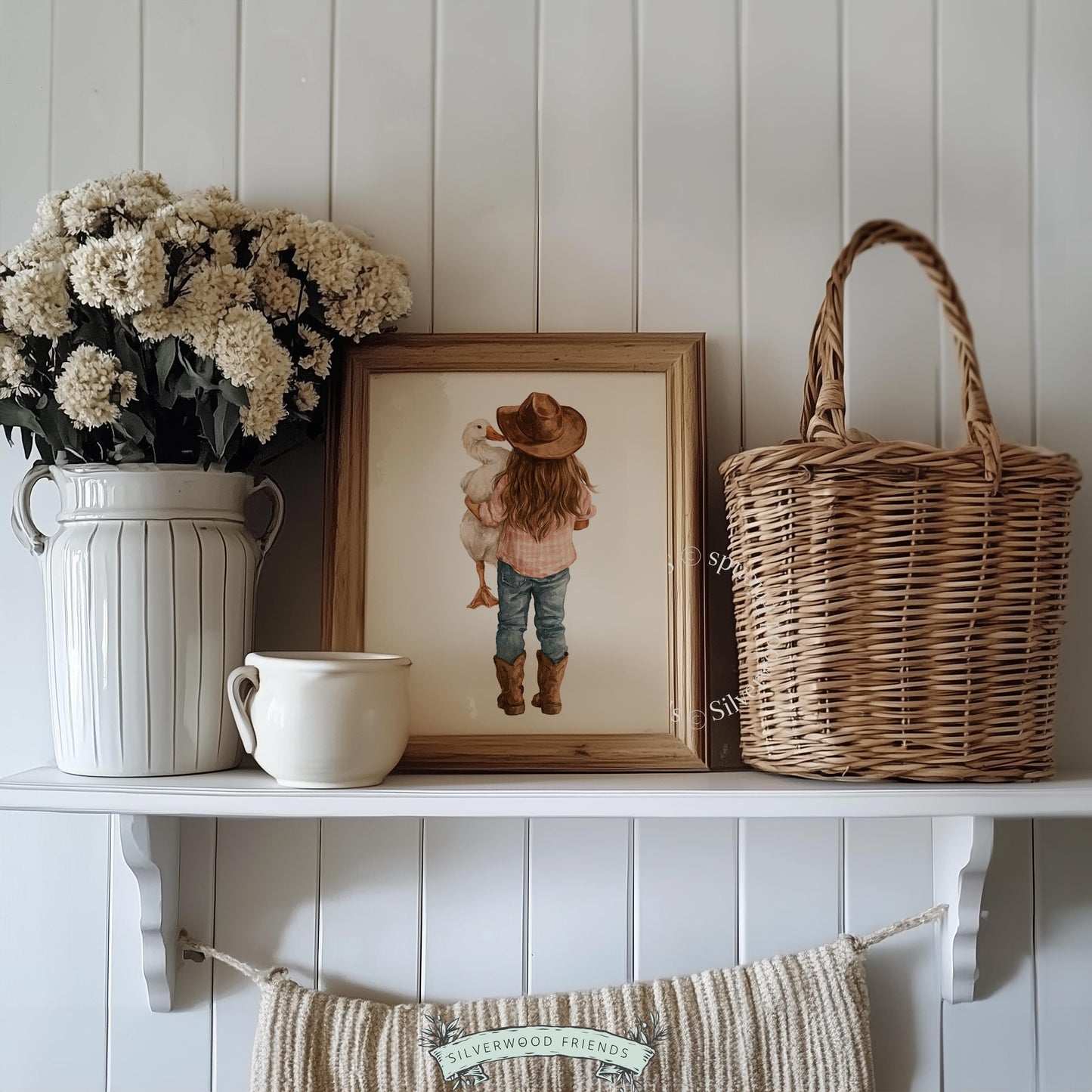 Rancher child and fowl wall picture for kids space — charming country-inspired watercolor in soft palette