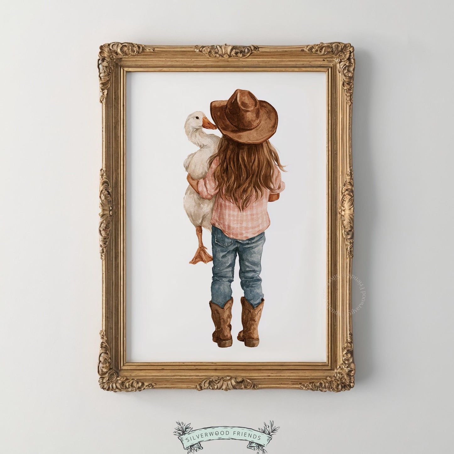Young girl with white duck wall art for kids room — delicate farmhouse style painting with country aesthetic
