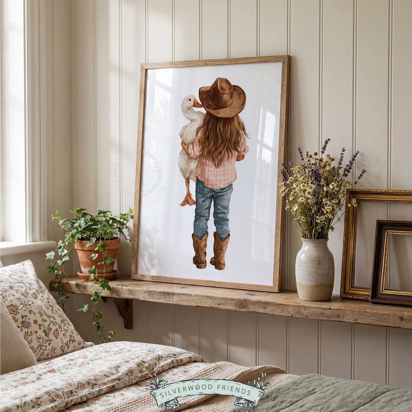Girl with waterfowl instant download poster for nursery — gentle watercolor ideal for farm animal lover's room