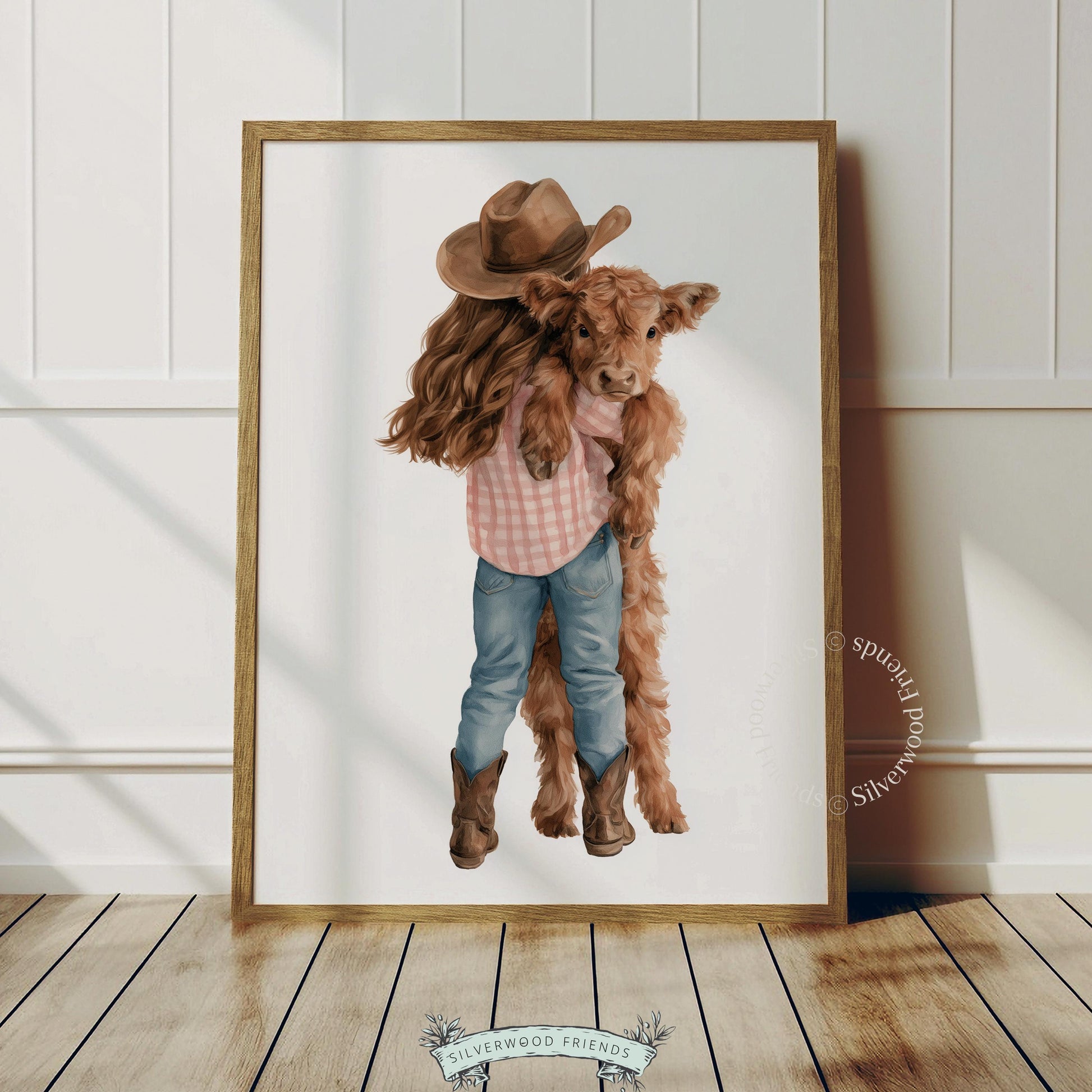 Child embracing fluffy baby cow wall art for kids' room — cozy Western-themed artwork with soft pastel palette