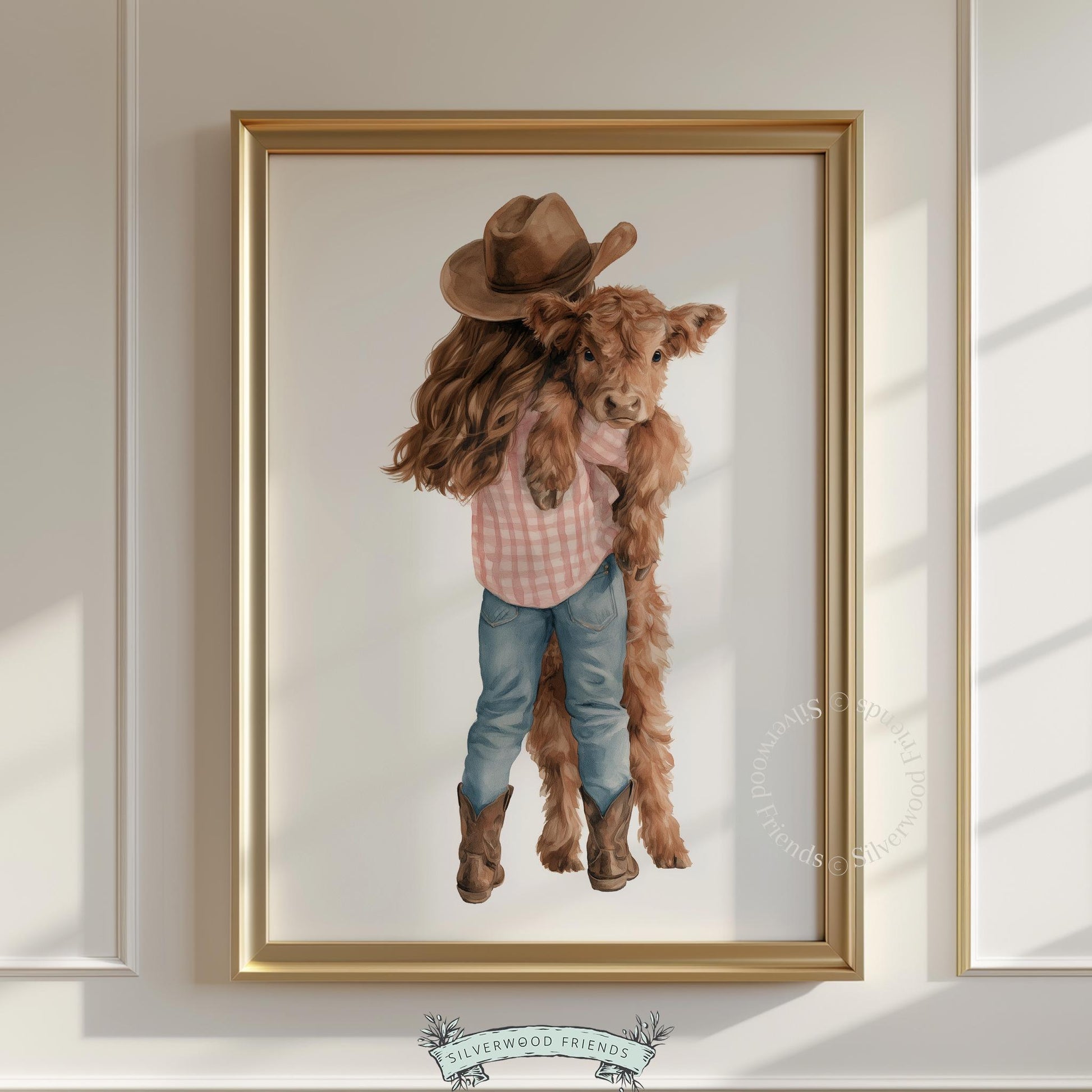 Young girl hugging Highland calf printable art for nursery — watercolor farmhouse illustration with warm earthy tones