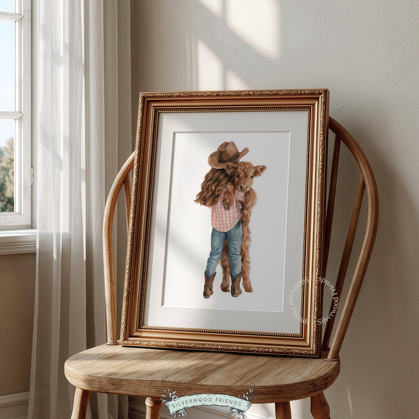 Little one with Highland calf poster for baby room — sweet farmhouse scene with rustic Western aesthetic