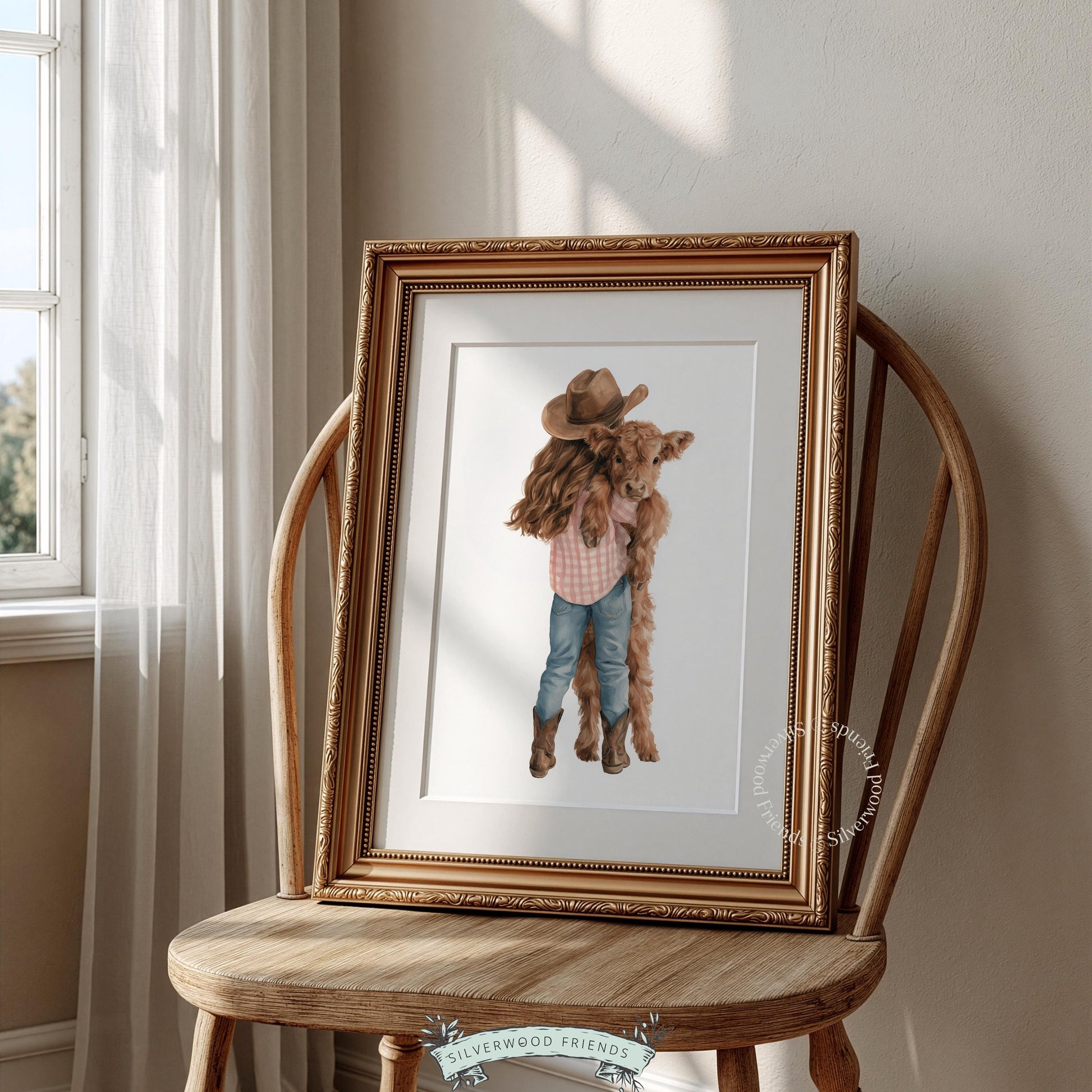Little one with Highland calf poster for baby room — sweet farmhouse scene with rustic Western aesthetic