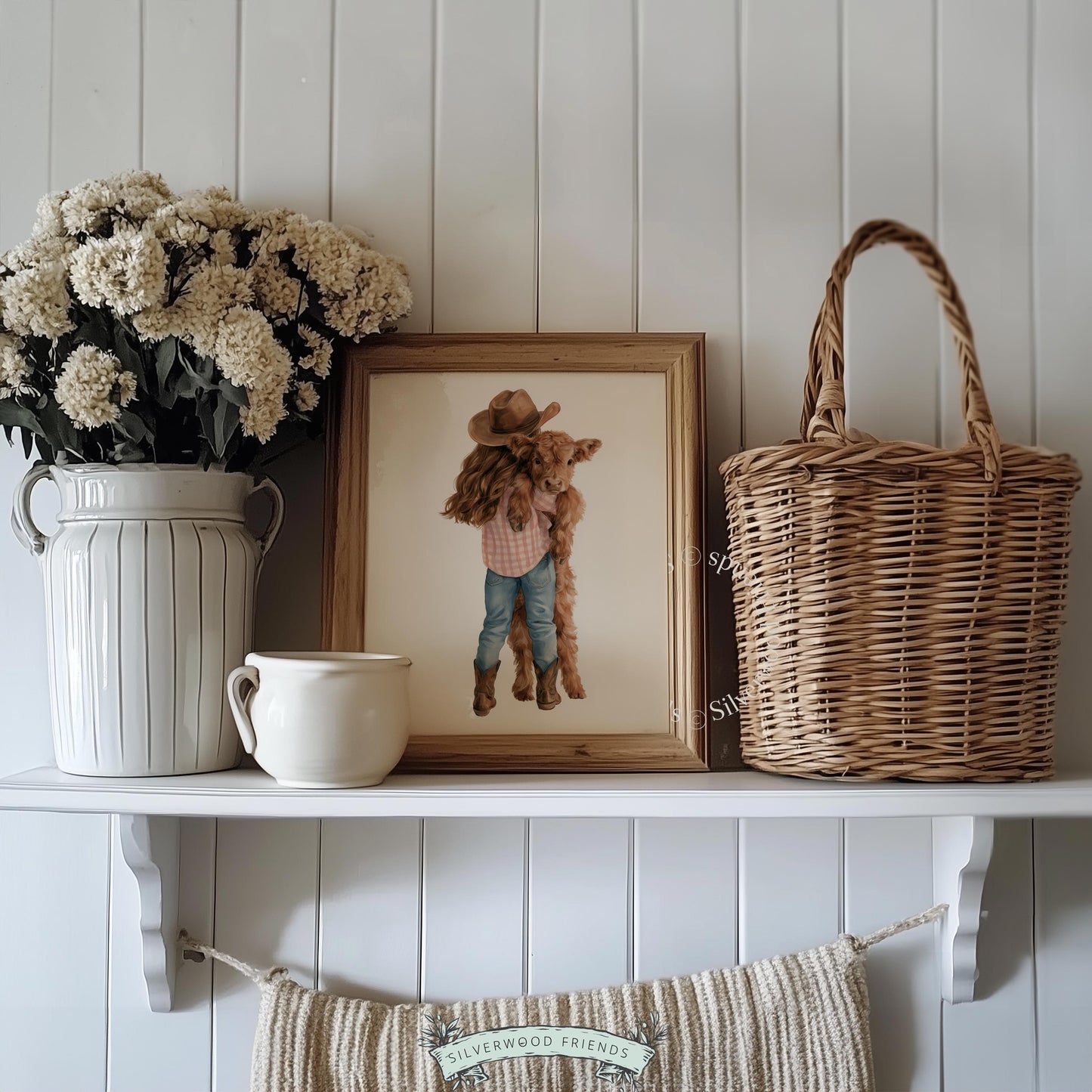 Girl hugging baby Highland cow printable wall art for playroom — soft illustrated farm scene with cozy ranch aesthetic
