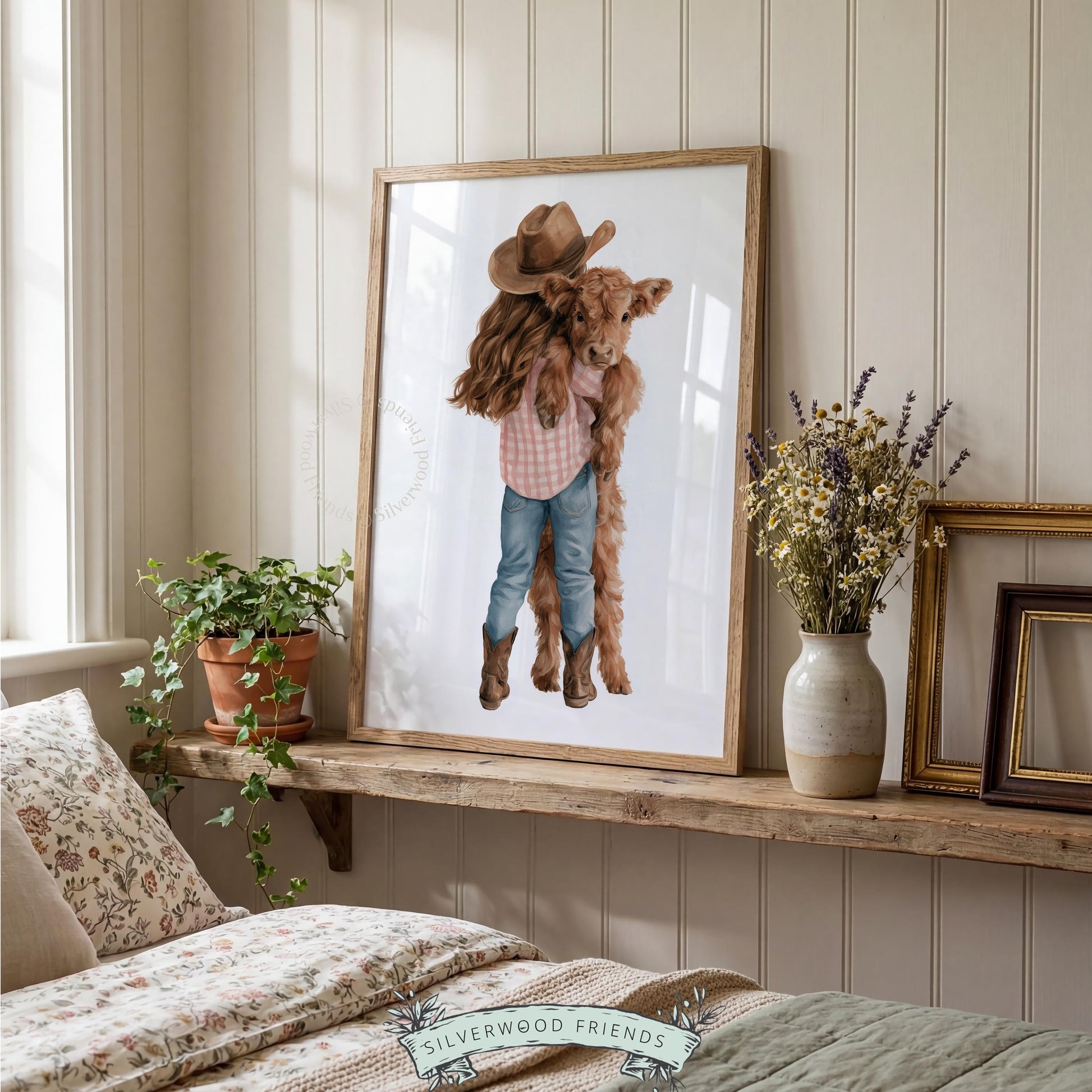 Girl hugging fluffy calf instant download printable art for baby room — adorable country scene with soft pastoral tones