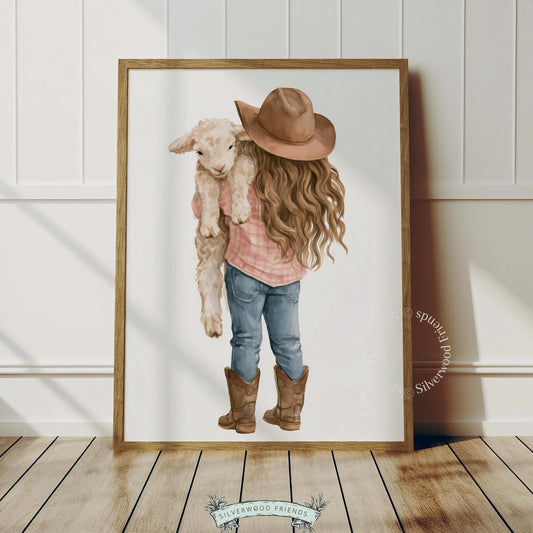 Child with fluffy lamb digital print for nursery wall — peaceful pasture scene featuring delicate watercolor and calm pastoral vibes