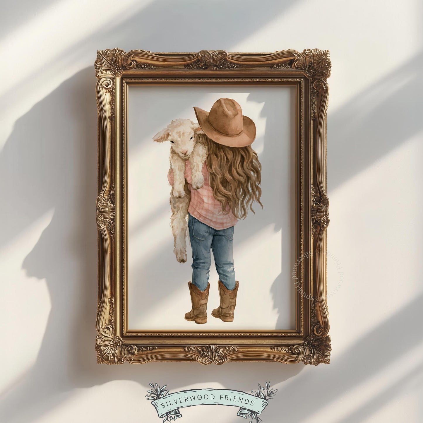 Young cowgirl cradling lamb artwork for playroom — tender farm animal scene in watercolor with peaceful, comforting aesthetic