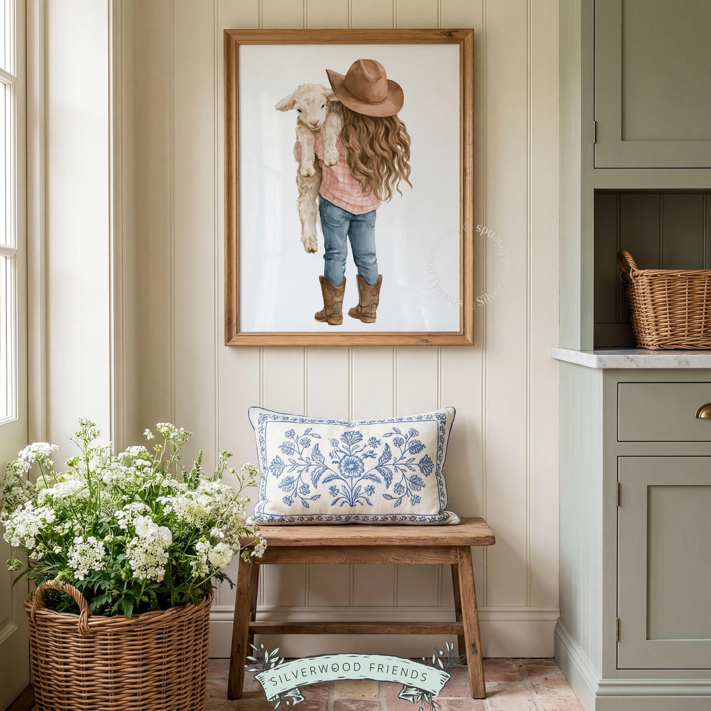 Cowgirl cradling baby sheep wall art for kids room — gentle boho farm animal painting with cozy countryside charm