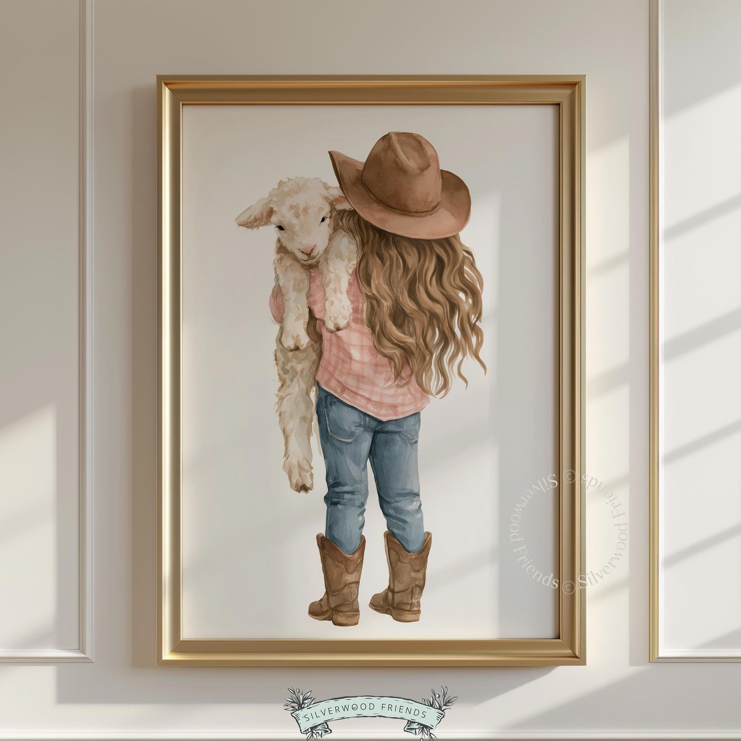 Cowgirl holding lamb printable poster for baby nursery — cozy western-themed illustration with warm blush and denim tones