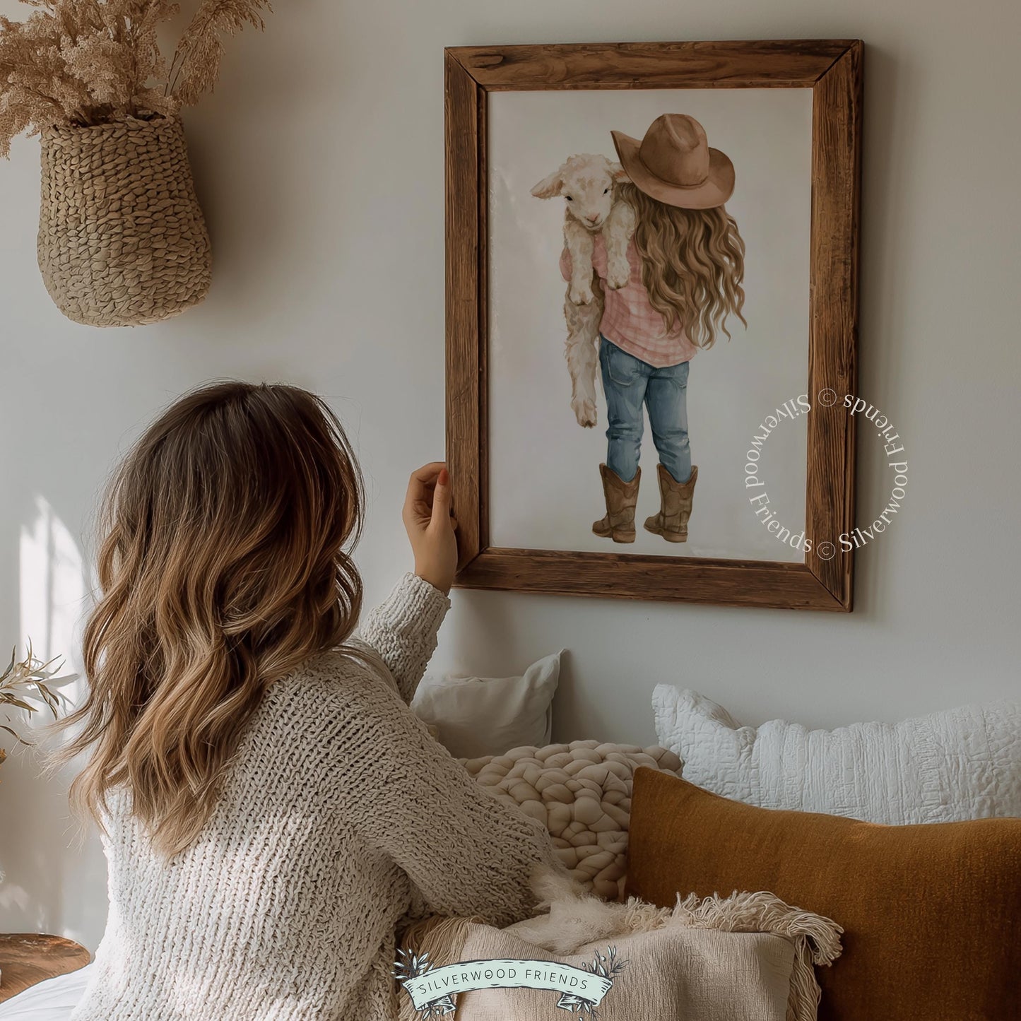 Girl with lamb digital print for baby room — peaceful pastoral artwork featuring muted pink, brown, and blue palette