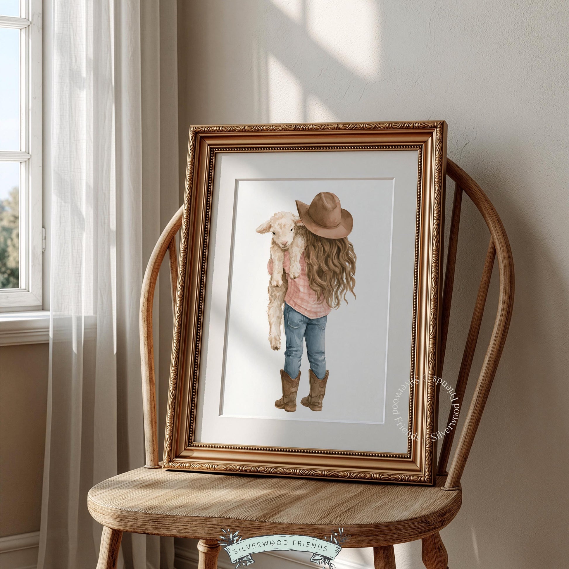 Young girl with lamb printable wall art for crib room — tender farmhouse scene featuring gentle brushwork and soothing neutral palette