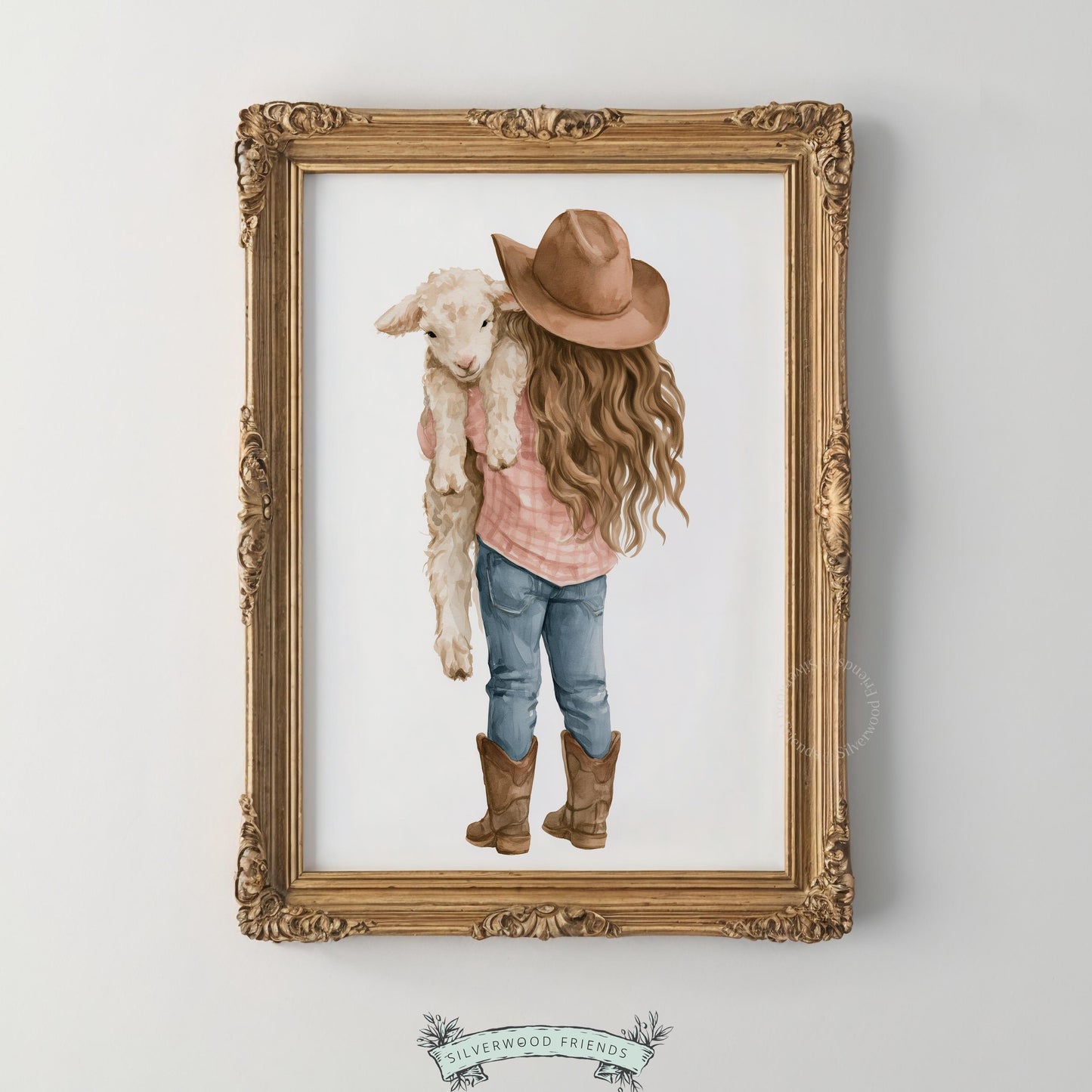 Child holding fluffy lamb poster for playroom — sweet rustic farm scene with delicate watercolor brushwork and soft aesthetic