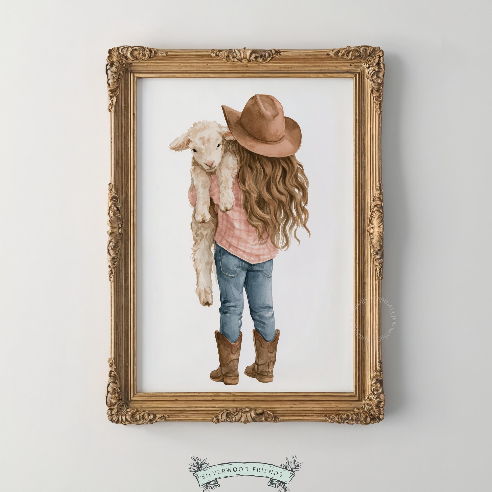 Child holding fluffy lamb poster for playroom — sweet rustic farm scene with delicate watercolor brushwork and soft aesthetic