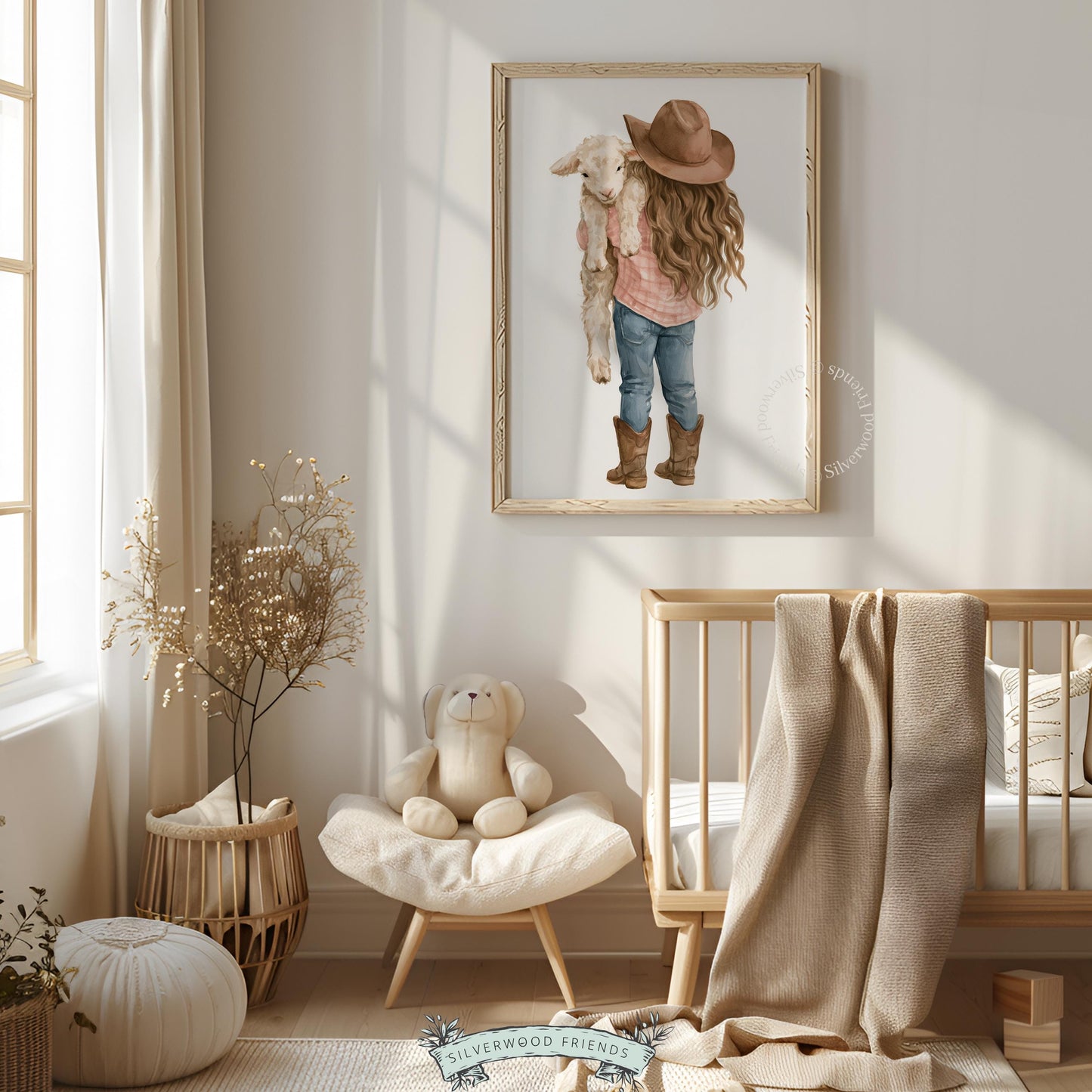 Girl with baby lamb gallery wall art for kids nursery — peaceful farm animal scene in soft watercolor style with neutral backdrop