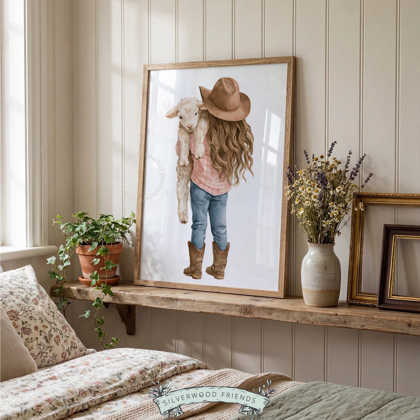 Young girl holding lamb printable art for nursery — soft watercolor farmhouse illustration with warm neutral tones