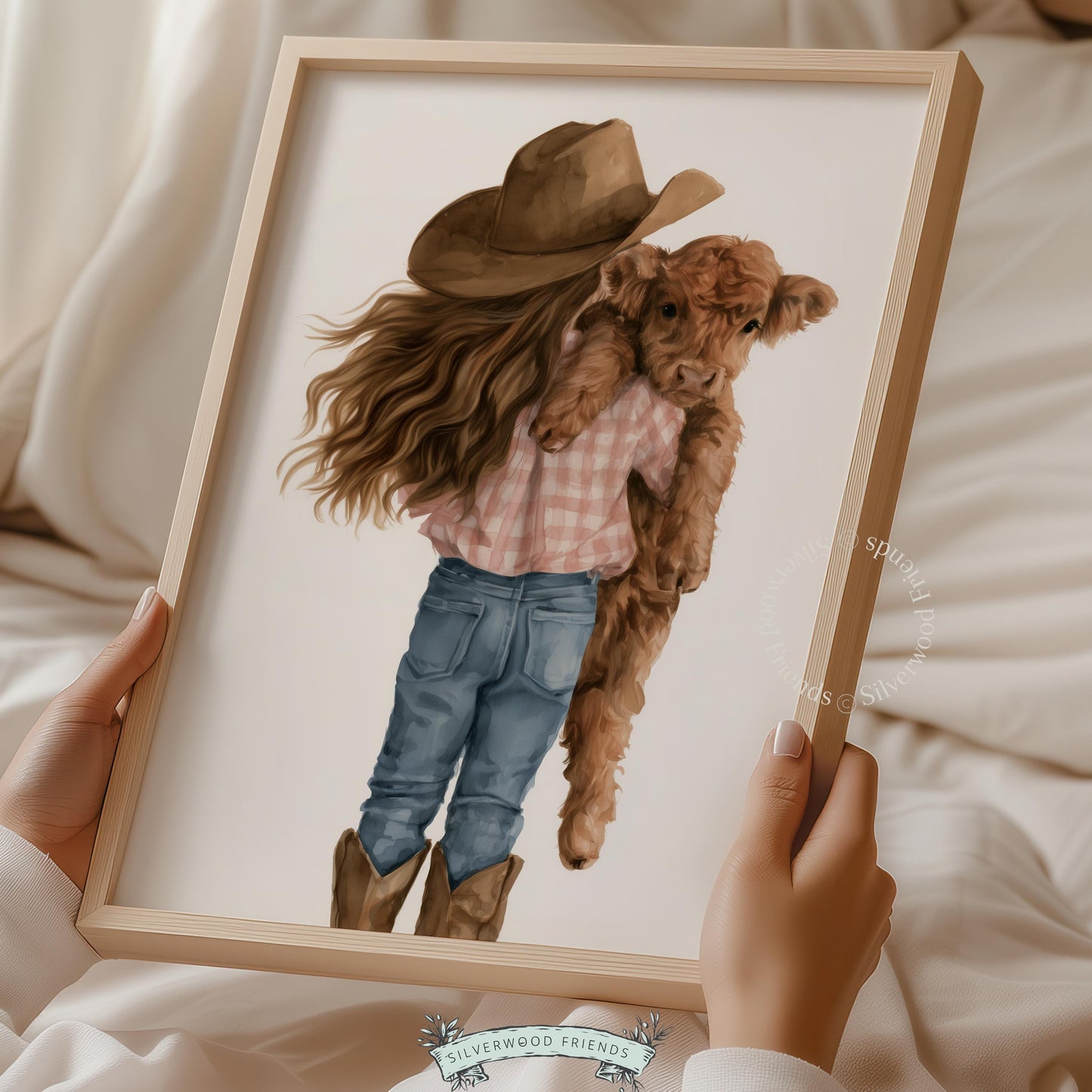 Cute cowgirl and fuzzy calf poster for baby farm room — warm watercolor countryside illustration style