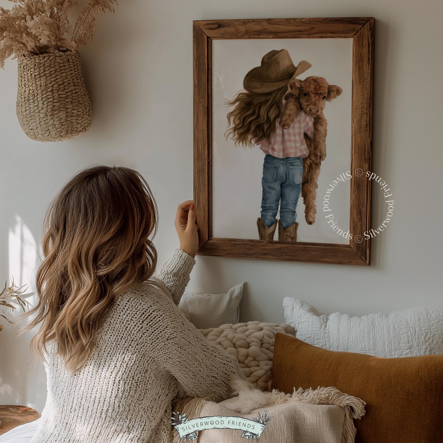 Young rancher girl with fuzzy calf artwork for nursery — soft muted tones farmhouse print