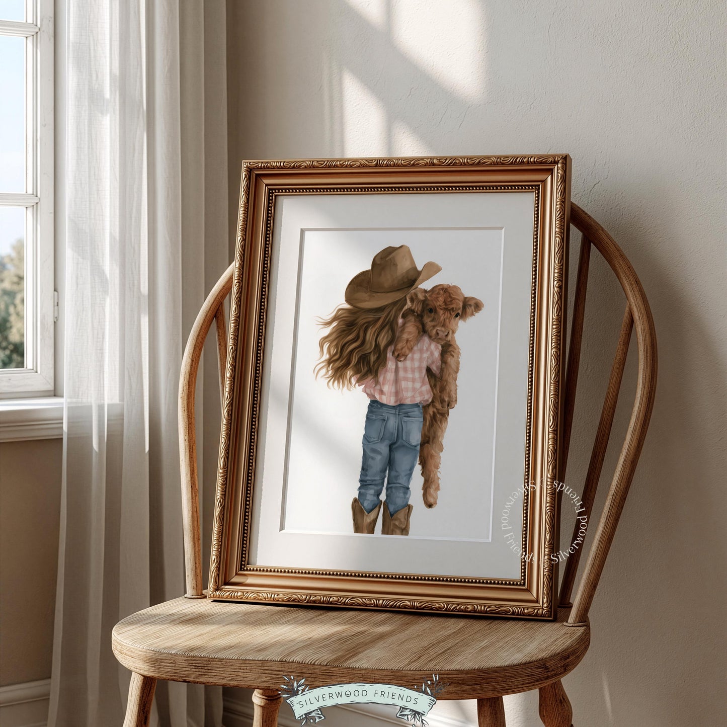 Girl in cowboy hat holding calf wall art for baby room — cozy western-themed illustration with neutral background