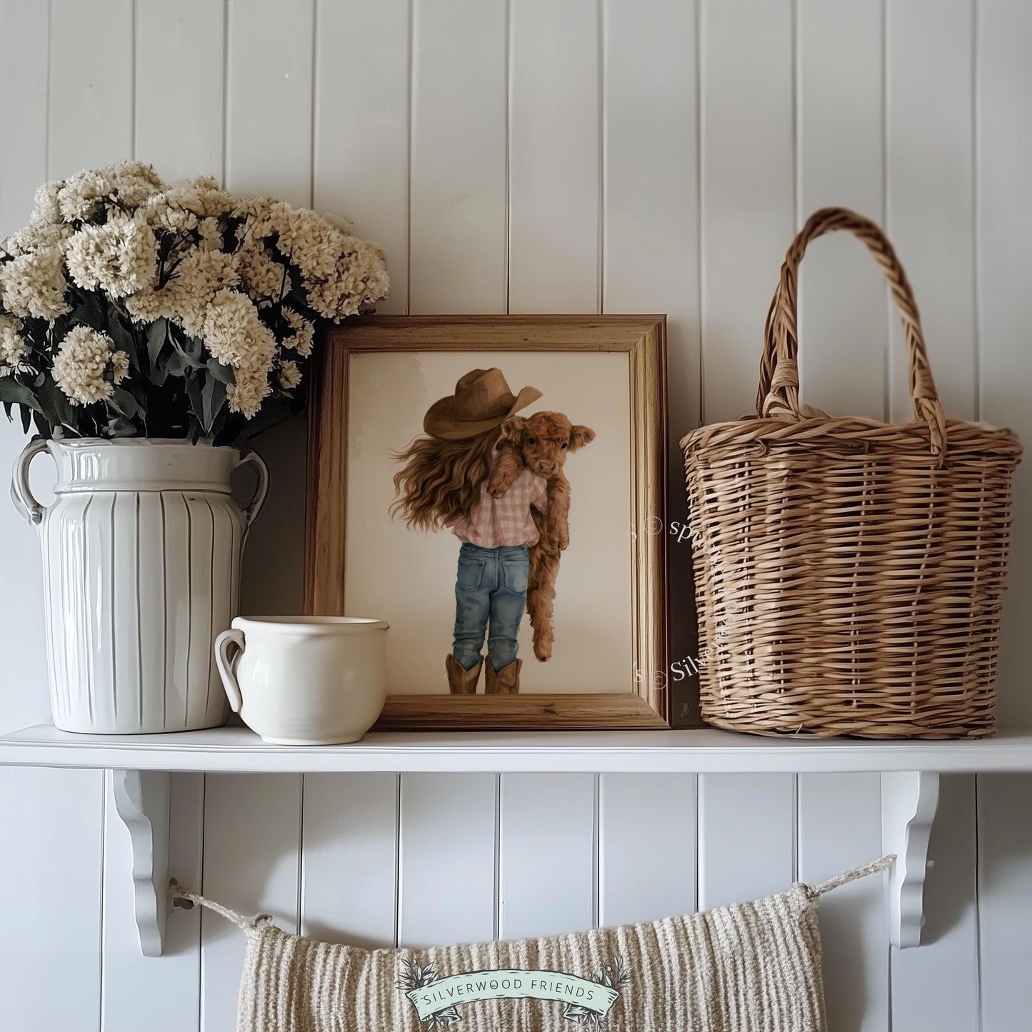 Cowgirl with Highland calf poster for toddler room — gentle watercolor farmhouse nursery wall art