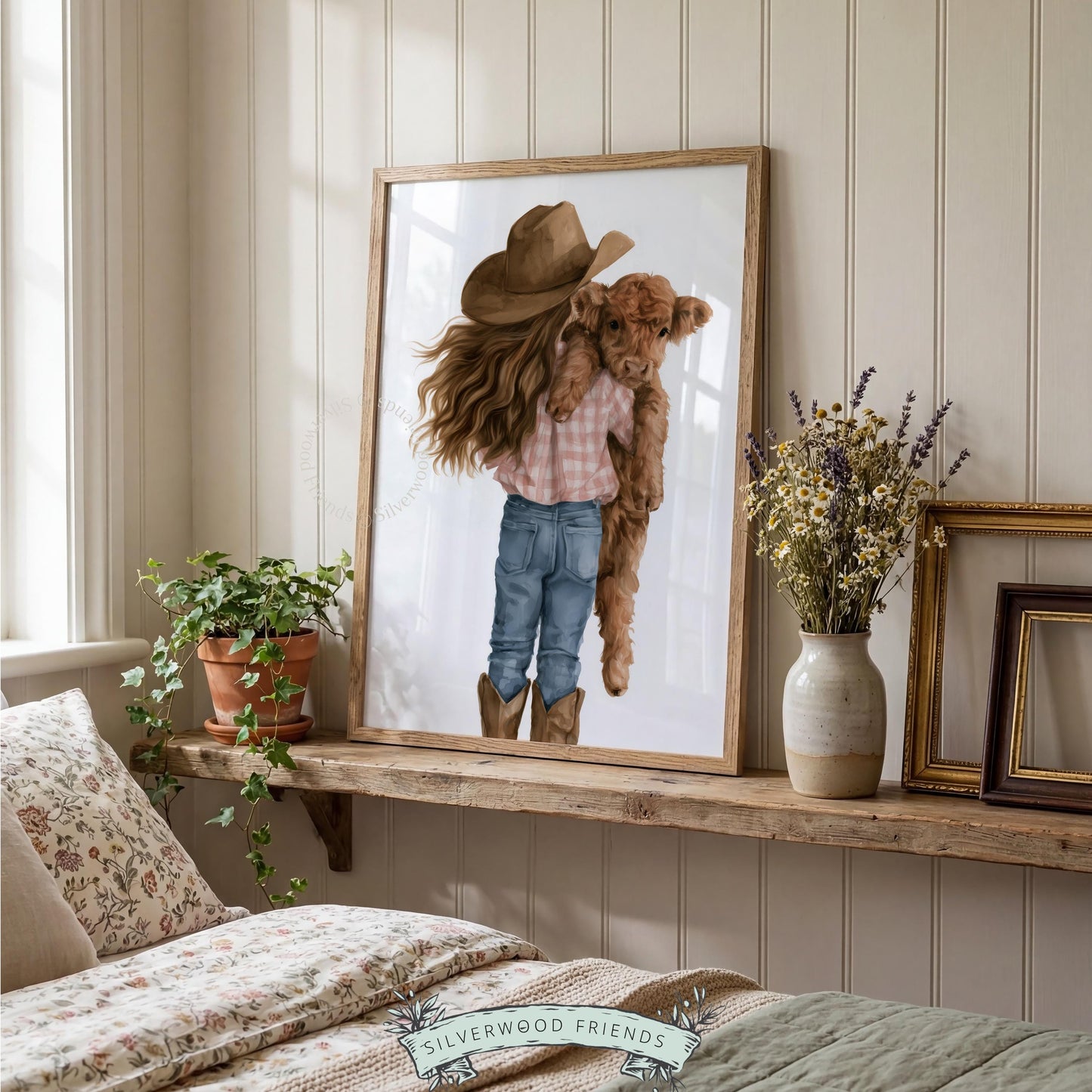 Young girl cradling baby cow digital print for kids bedroom — warm rustic farmhouse aesthetic with pink gingham