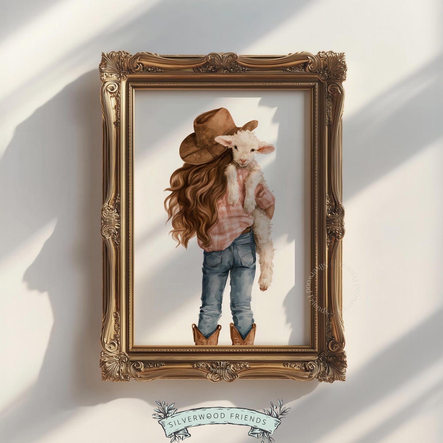 Cute cowgirl artwork printable for children's bedroom — delicate watercolor with peeking lamb over shoulder