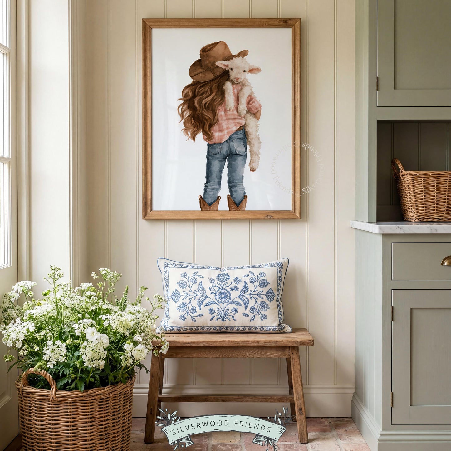 Child with fluffy lamb digital print for kid's bedroom — gentle country-themed wall art in warm neutral tones
