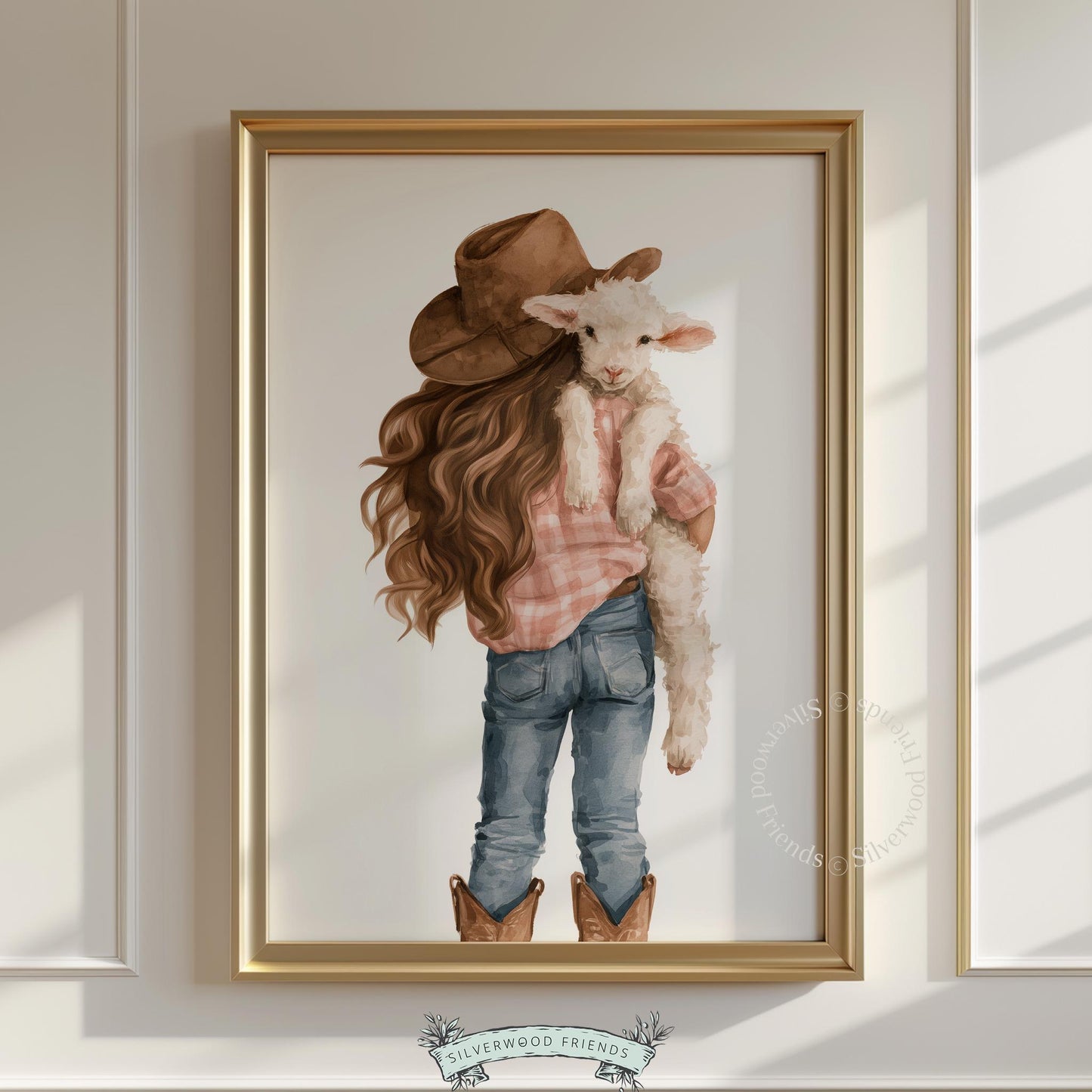 Western-inspired child portrait digital download for toddler room — precious moment with farm animal companionship