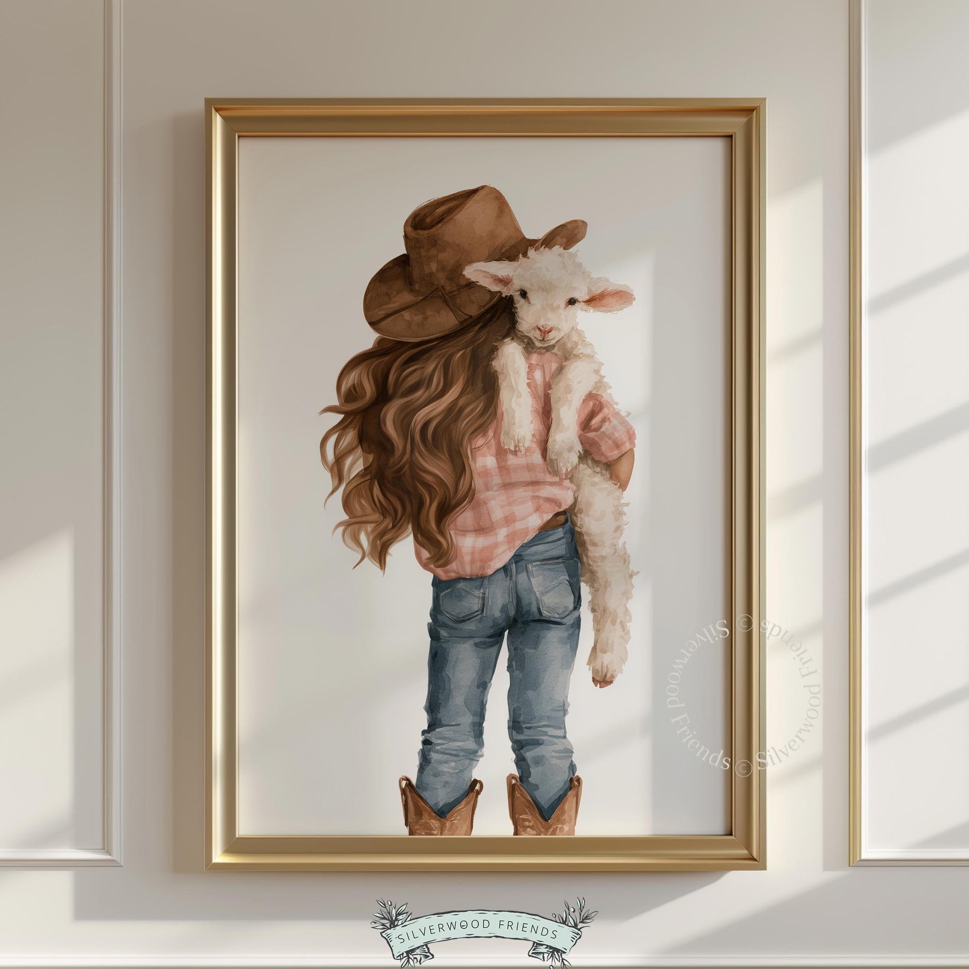 Western-inspired child portrait digital download for toddler room — precious moment with farm animal companionship