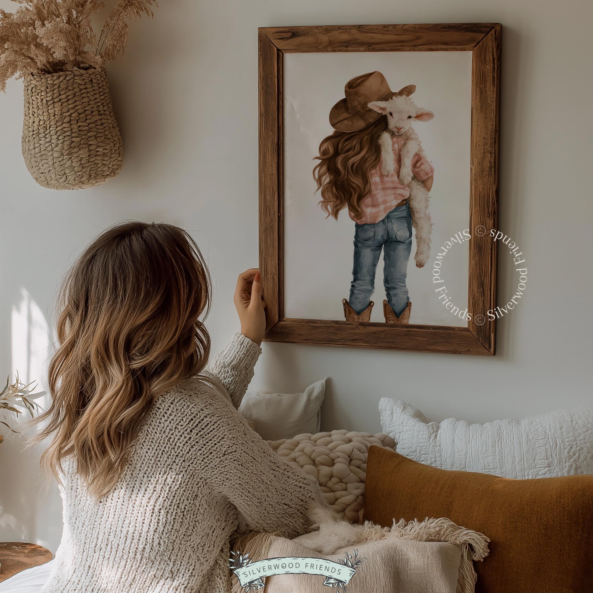 Little rancher portrait poster for kid's room — watercolor girl with lamb capturing rustic childhood joy