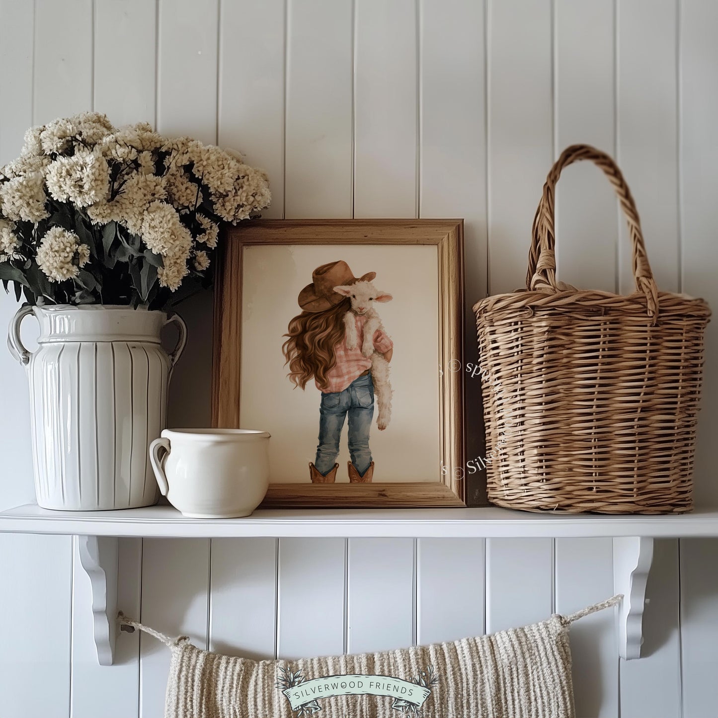 Rustic nursery poster featuring girl and lamb — instant download watercolor art in warm neutral tones