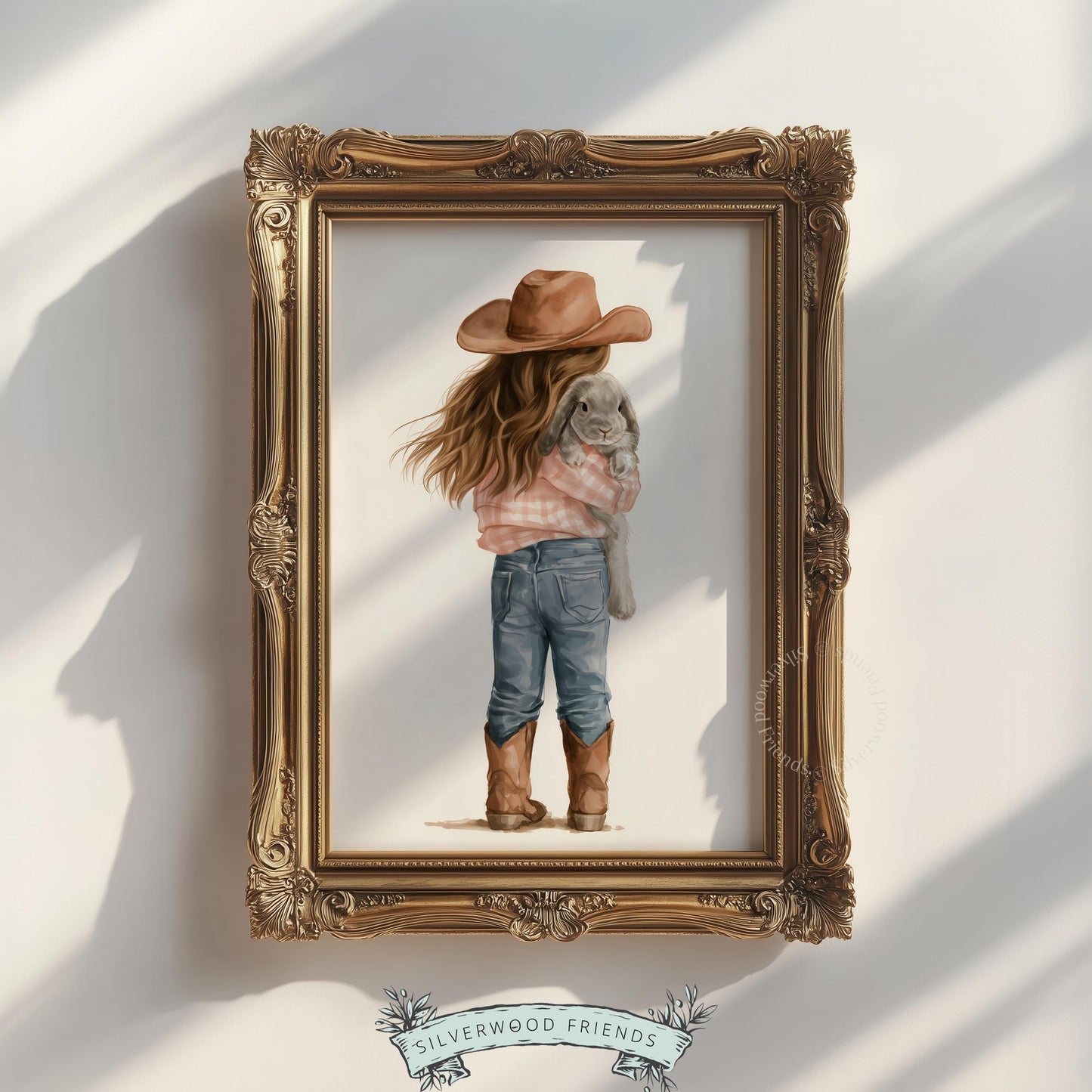 Cowboy hat child with bunny picture printable — soft neutral farmhouse palette perfect for kids' spaces