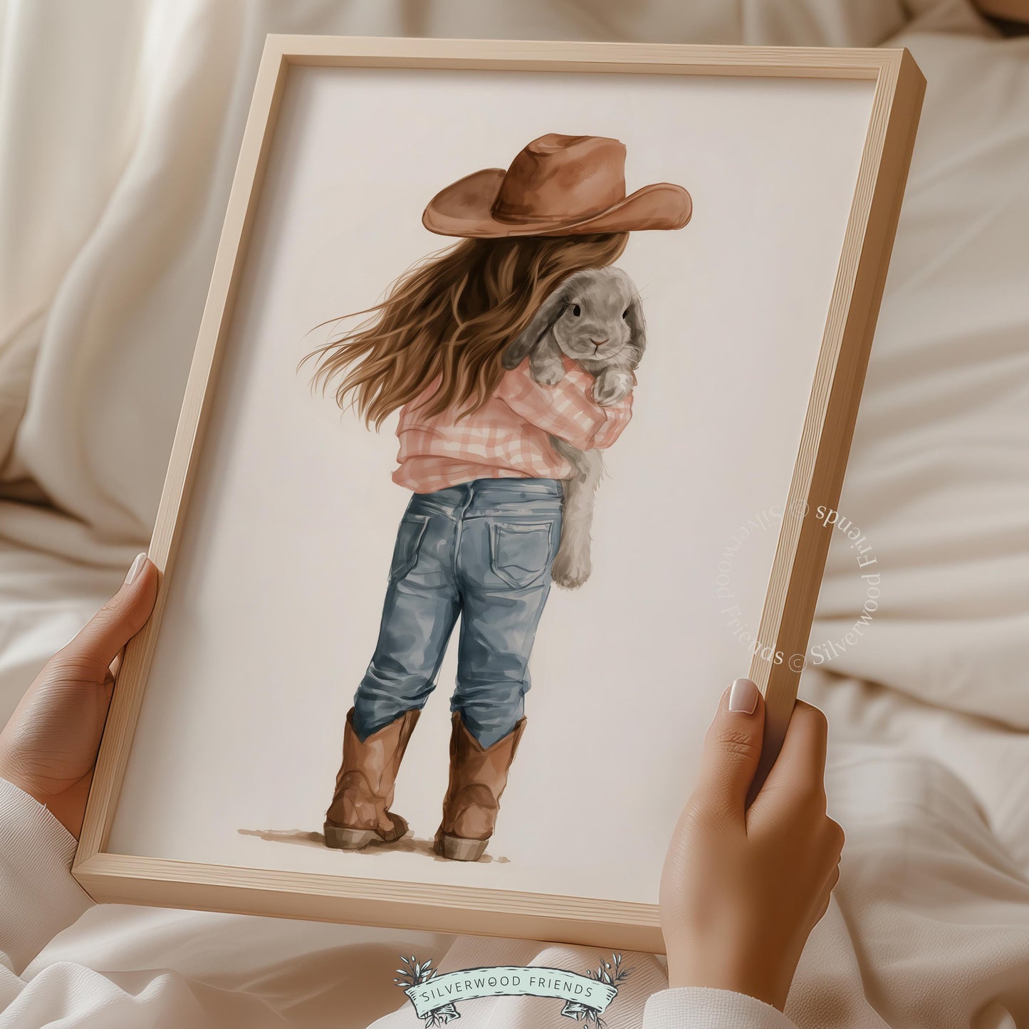 Girl from behind with rabbit poster for farmhouse kids room — soft neutral palette country-themed wall décor