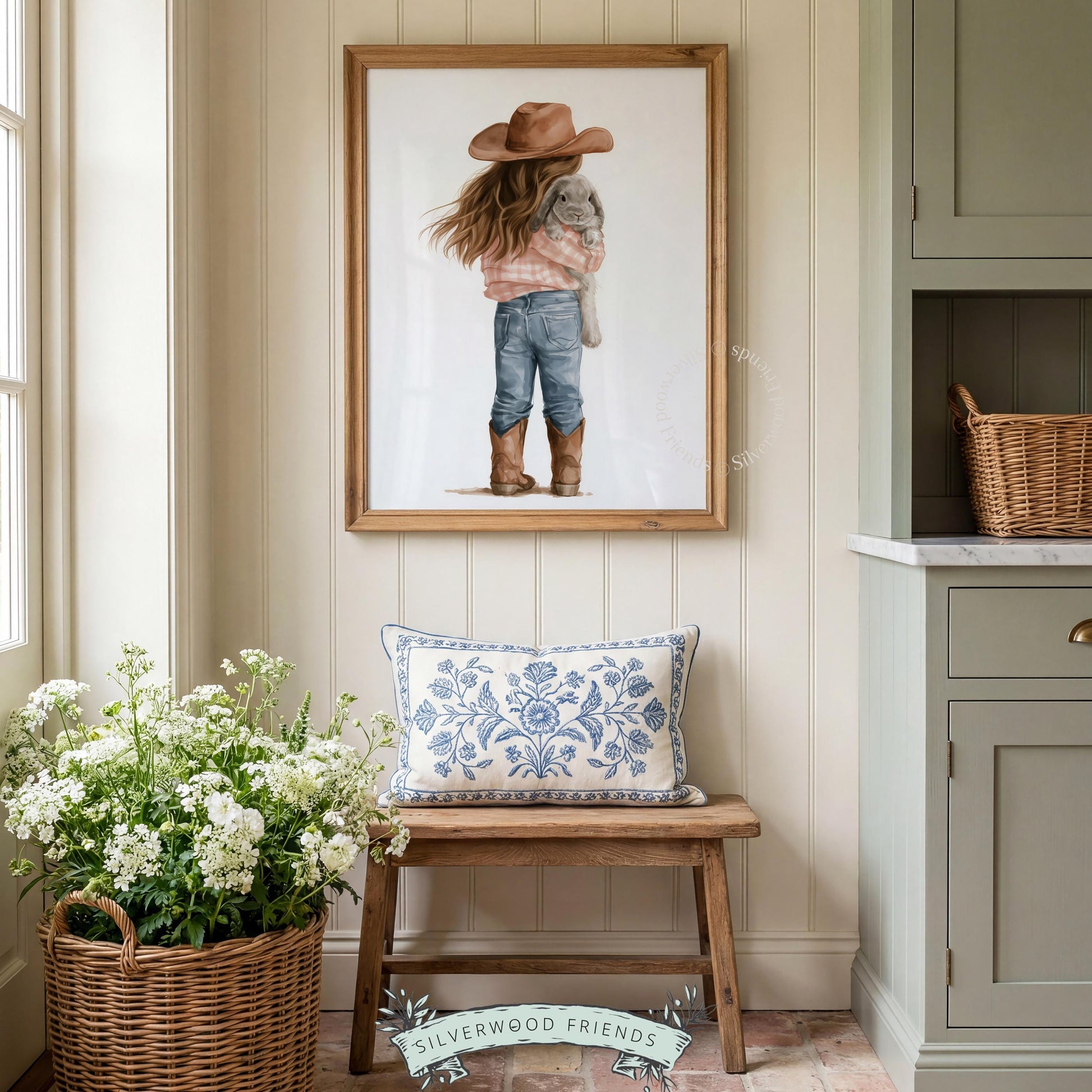 Cowgirl and fluffy bunny digital print for baby room — painterly watercolor with gentle farmhouse style