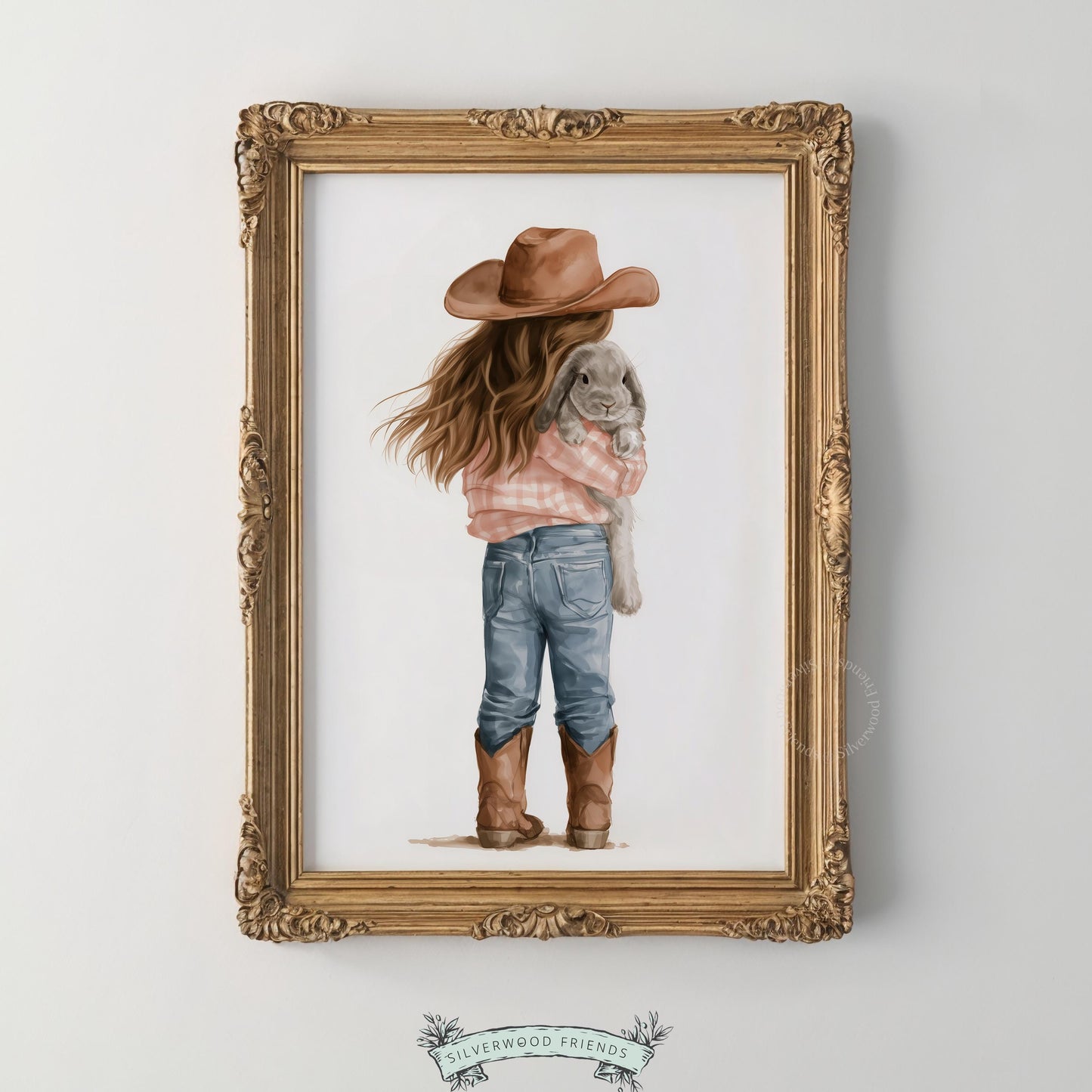Young girl holding rabbit printable art for nursery — soft watercolor farmhouse wall decor with cozy country charm