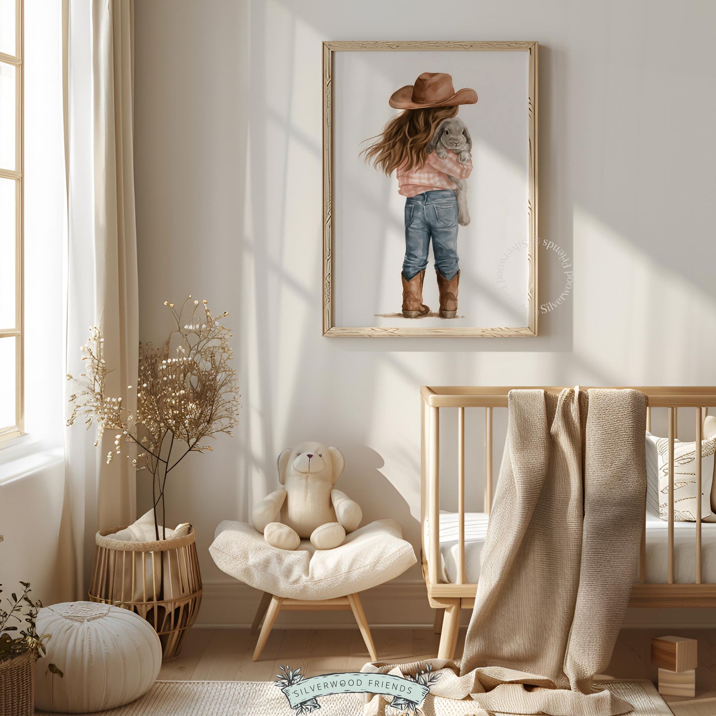Girl in hat holding rabbit wall art for playroom — soft palette countryside theme perfect for children's spaces