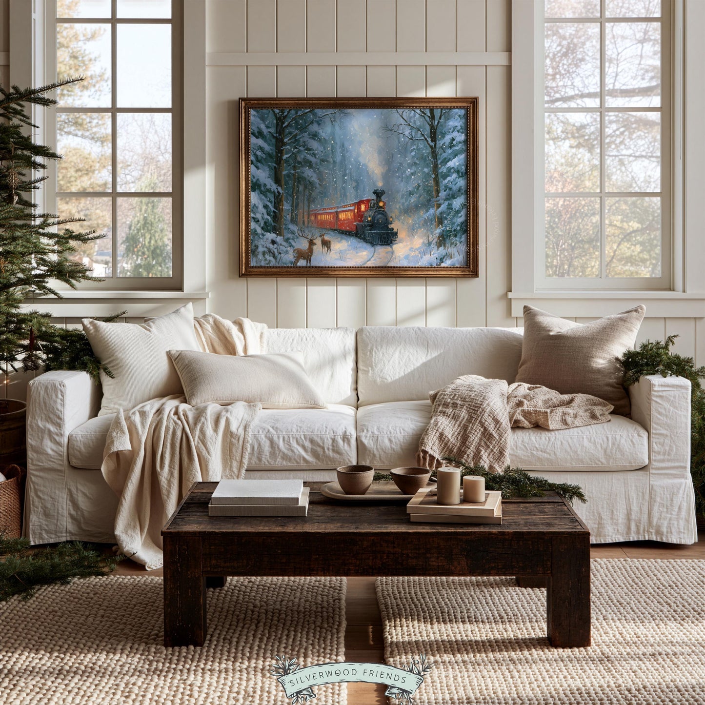 Snowy woodland digital print featuring steam engine — soft brushwork holiday aesthetic with deer watching