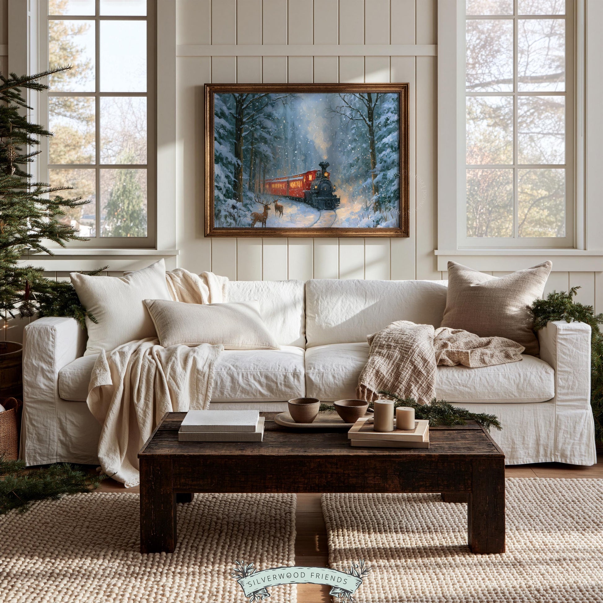 Snowy woodland digital print featuring steam engine — soft brushwork holiday aesthetic with deer watching